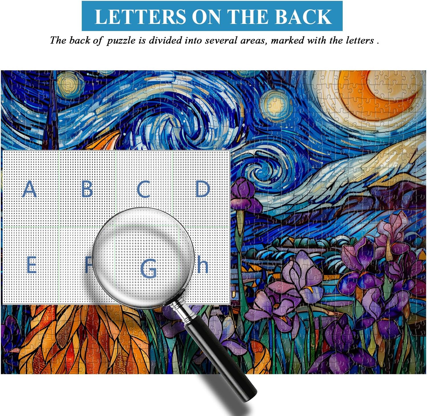 PICKFORU Stained Glass Puzzles: 1000 Pieces, Adults' Cat Lovers' Jigsaw Puzzle - Purple Iris Flowers, Starry Night, Moonlit Cat Flower - Image 5