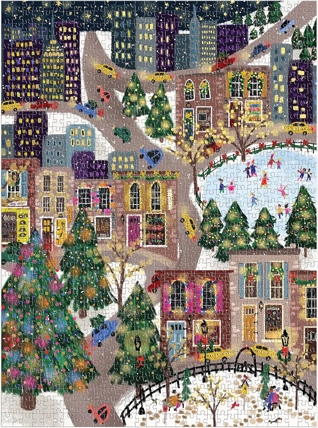 Galison Sparkling City u2013 1000 Piece Foil Puzzle with Illustrations of Colorful Merriments in The City with Gold Foil Accents