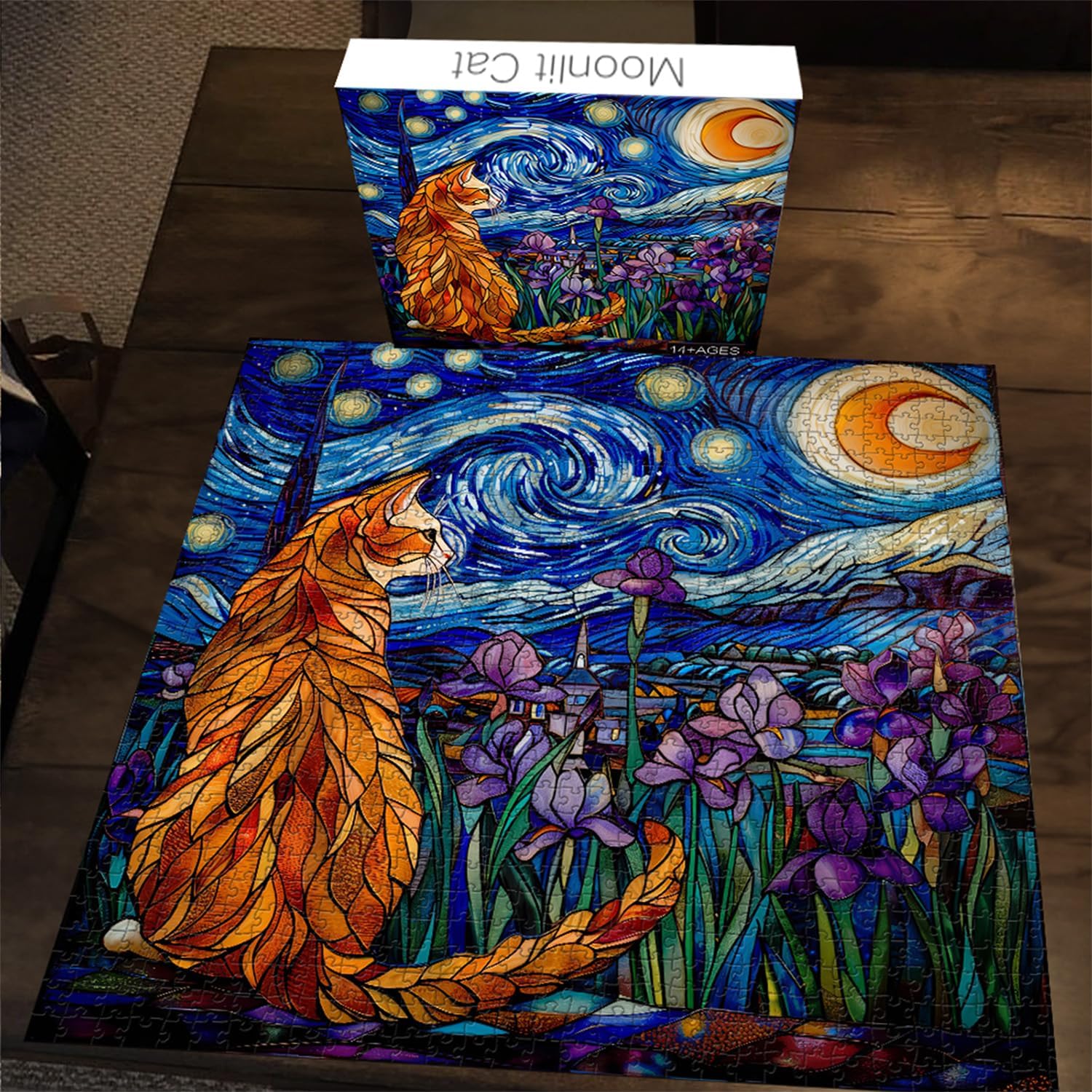 PICKFORU Stained Glass Puzzles: 1000 Pieces, Adults' Cat Lovers' Jigsaw Puzzle - Purple Iris Flowers, Starry Night, Moonlit Cat Flower - Image 6