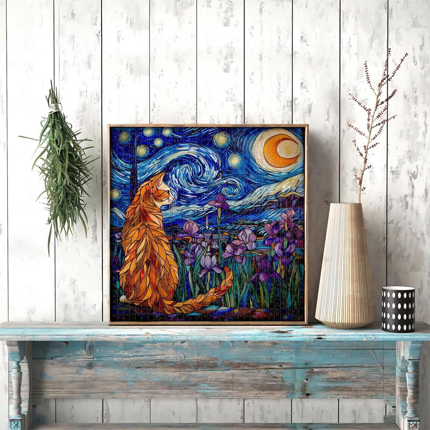 PICKFORU Stained Glass Puzzles: 1000 Pieces, Adults' Cat Lovers' Jigsaw Puzzle - Purple Iris Flowers, Starry Night, Moonlit Cat Flower - Image 8