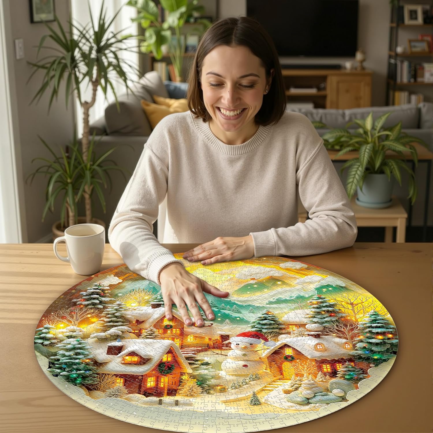Artipuz 1000 Piece Round Jigsaw Puzzle for Adults - 3D Visual Christmas Snowman Village (26.6in Diameter) | Circular Brain Challenge & Artistic Home Decor for Mindful Relaxation