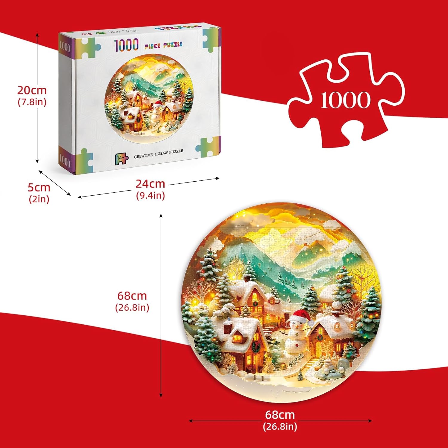 Alternative view of Artipuz 1000 Piece Round Jigsaw Puzzle for Adults - 3D Visual Christmas Snowman Village (26.6in Diameter) | Circular Brain Challenge & Artistic Home Decor for Mindful Relaxation