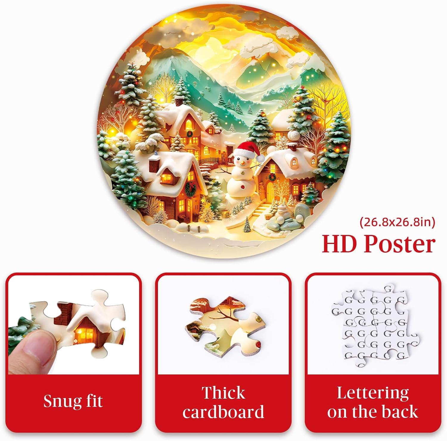 Artipuz 1000 Piece Round Jigsaw Puzzle for Adults - 3D Visual Christmas Snowman Village (26.6in Diameter) | Circular Brain Challenge & Artistic Home Decor for Mindful Relaxation - Image 4
