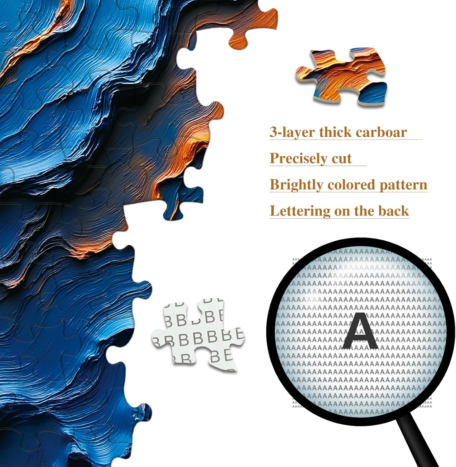 PQIKTUV Puzzles for Adults 1000 Pieces Textured Blue Orange Abstract Wave Art Jigsaw, Puzzles with Letter on Back, HD Poster, Storage Bag Adult Puzzles Home Decor Gift for Friend Family - Image 3