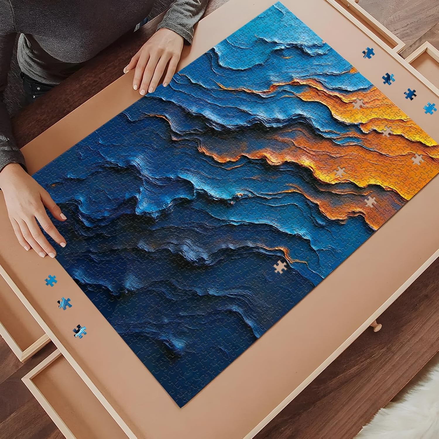 PQIKTUV Puzzles for Adults 1000 Pieces Textured Blue Orange Abstract Wave Art Jigsaw, Puzzles with Letter on Back, HD Poster, Storage Bag Adult Puzzles Home Decor Gift for Friend Family - Image 4