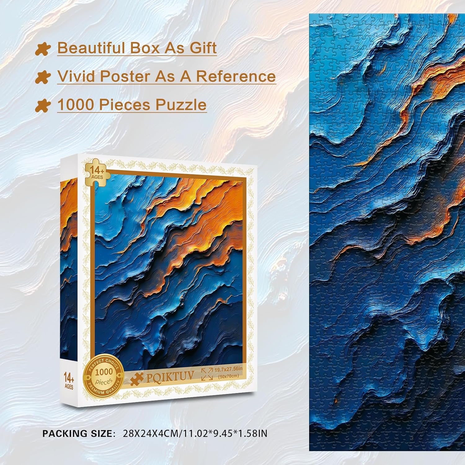 PQIKTUV Puzzles for Adults 1000 Pieces Textured Blue Orange Abstract Wave Art Jigsaw, Puzzles with Letter on Back, HD Poster, Storage Bag Adult Puzzles Home Decor Gift for Friend Family - Image 5