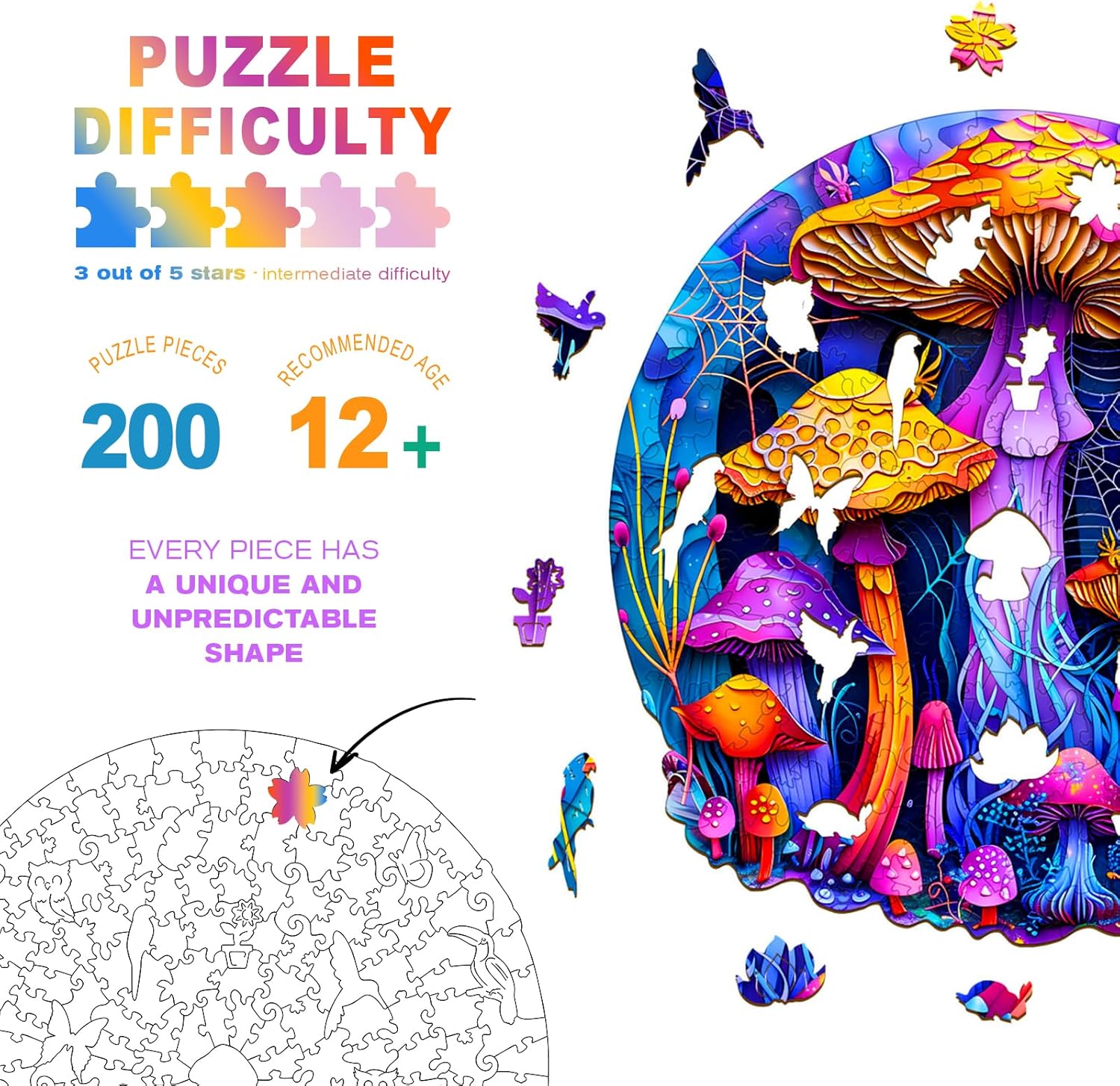Wooden Puzzles for Adults - Paper Cut Mushroom Wooden Jigsaw Puzzle - Unique Animal Shaped Wood Puzzles Adult - Christmas Birthday Gifts for Adults/Friends/Family - 200pcs 11.4 * 11.1in - Image 4
