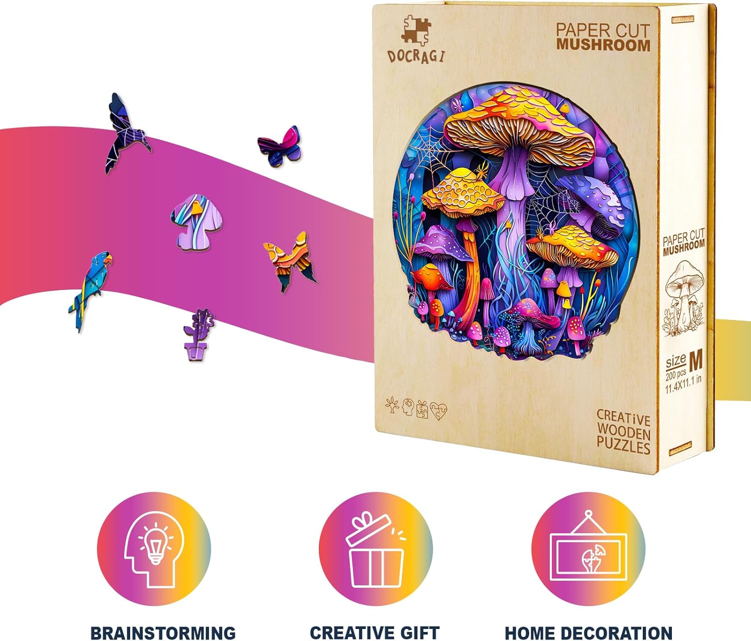 Wooden Puzzles for Adults - Paper Cut Mushroom Wooden Jigsaw Puzzle - Unique Animal Shaped Wood Puzzles Adult - Christmas Birthday Gifts for Adults/Friends/Family - 200pcs 11.4 * 11.1in - Image 5