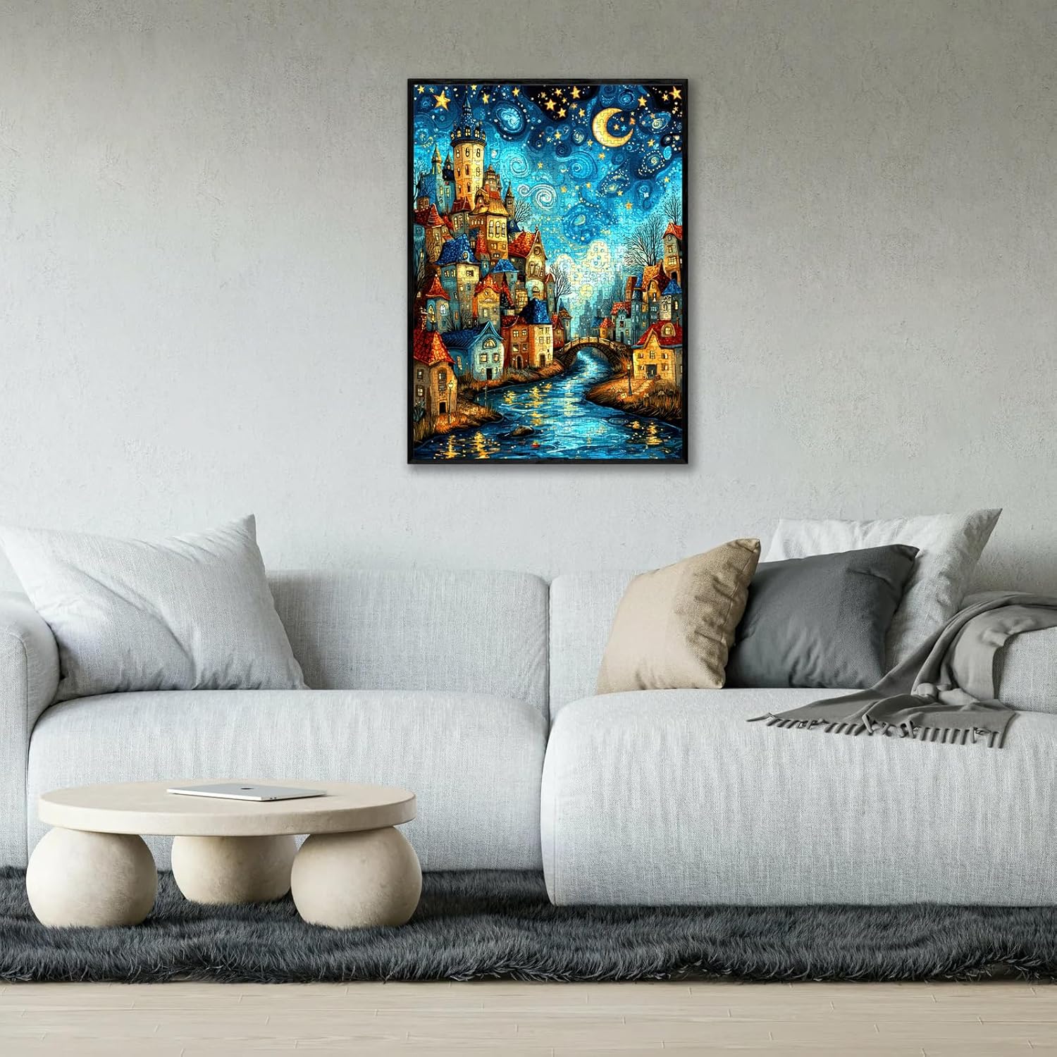 1000 Piece Jigsaw Puzzle for Adults - Whimsical Starry Night Fairy Town, 28x20 Inch Panoramic Fantasy Art, Challenging Puzzle with Lettered Back, Unique Home Decor Gift