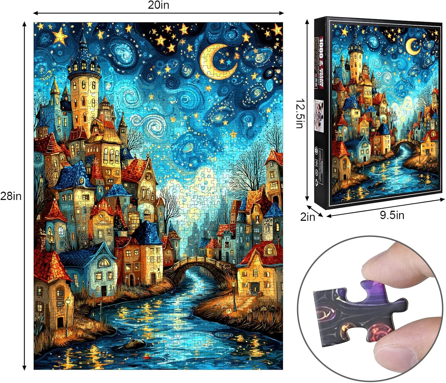Alternative view of 1000 Piece Jigsaw Puzzle for Adults - Whimsical Starry Night Fairy Town, 28x20 Inch Panoramic Fantasy Art, Challenging Puzzle with Lettered Back, Unique Home Decor Gift