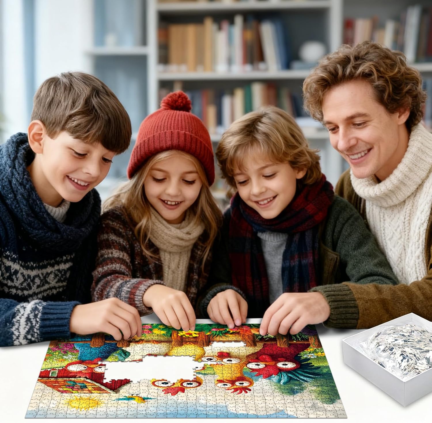 PQIKTUV Puzzles for Adults 1024 Piece Cute Cartoon Farm Chicken Flock Scene Jigsaw, Puzzle with Letter on Back, HD Poster, Storage Bag Home Decor Gift for Family Friends（23.86 x 23.86 in）