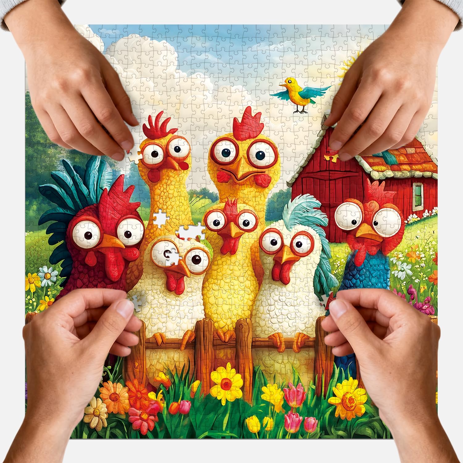 PQIKTUV Puzzles for Adults 1024 Piece Cute Cartoon Farm Chicken Flock Scene Jigsaw, Puzzle with Letter on Back, HD Poster, Storage Bag Home Decor Gift for Family Friends(23.86 x 23.86 in) - Image 3