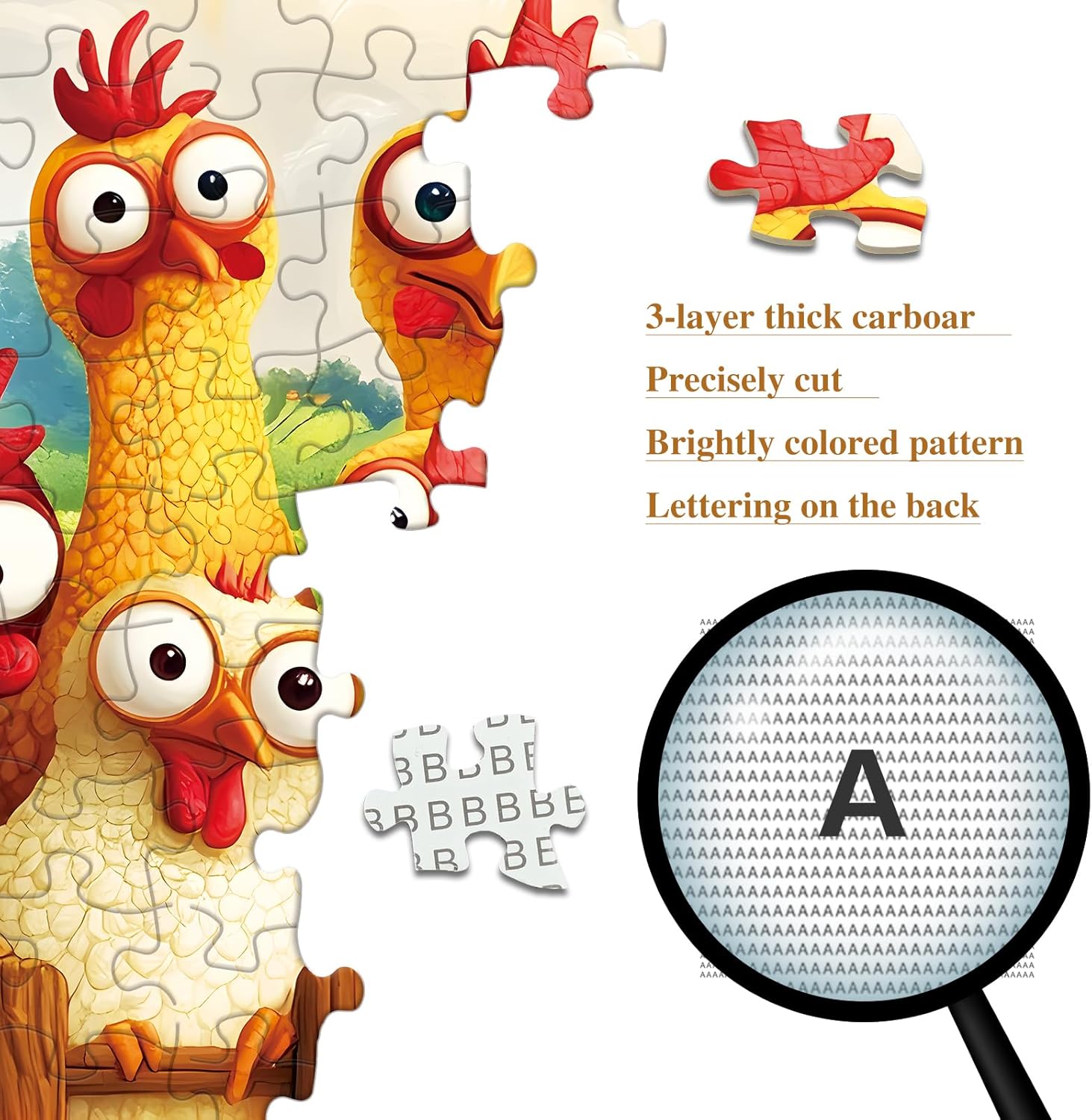 PQIKTUV Puzzles for Adults 1024 Piece Cute Cartoon Farm Chicken Flock Scene Jigsaw, Puzzle with Letter on Back, HD Poster, Storage Bag Home Decor Gift for Family Friends(23.86 x 23.86 in) - Image 4