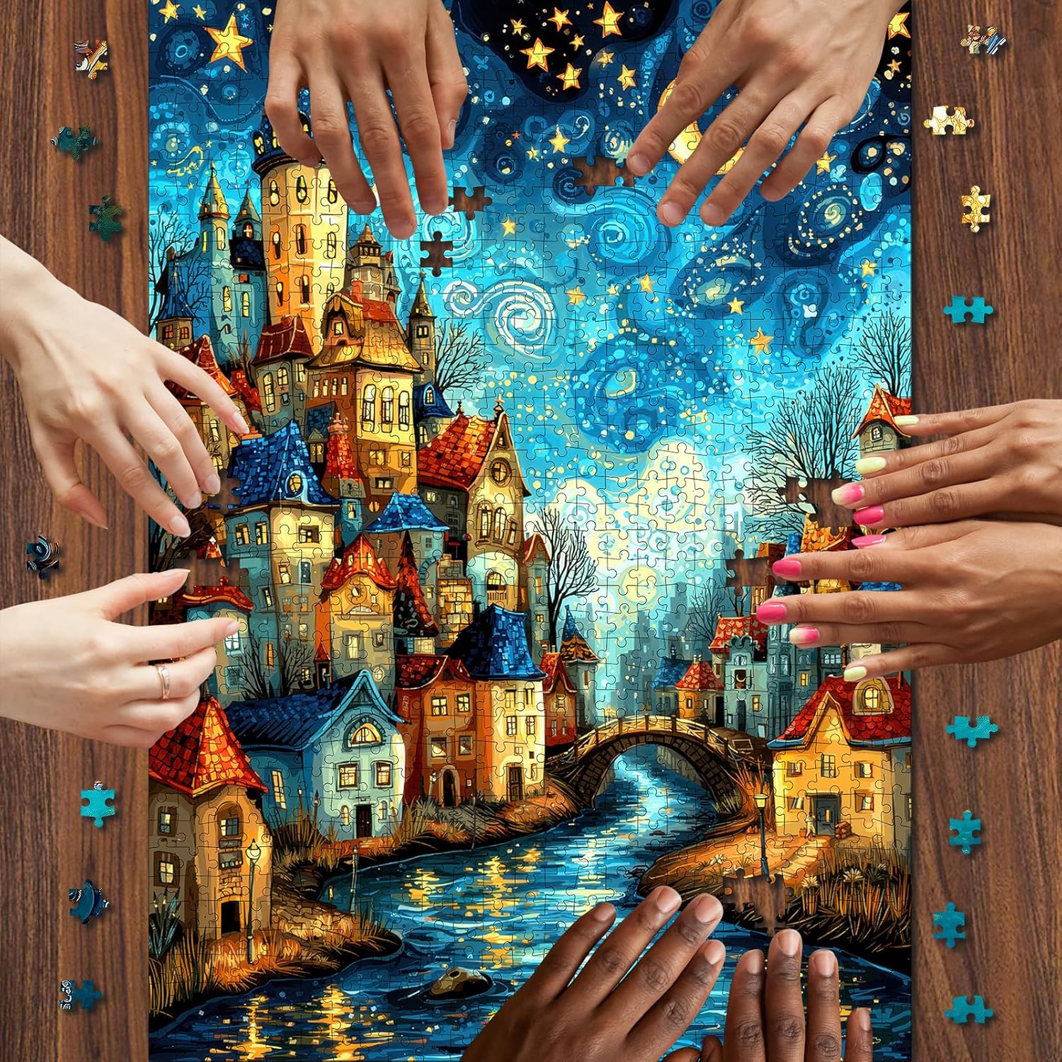 1000 Piece Jigsaw Puzzle for Adults - Whimsical Starry Night Fairy Town, 28x20 Inch Panoramic Fantasy Art, Challenging Puzzle with Lettered Back, Unique Home Decor Gift - Image 6