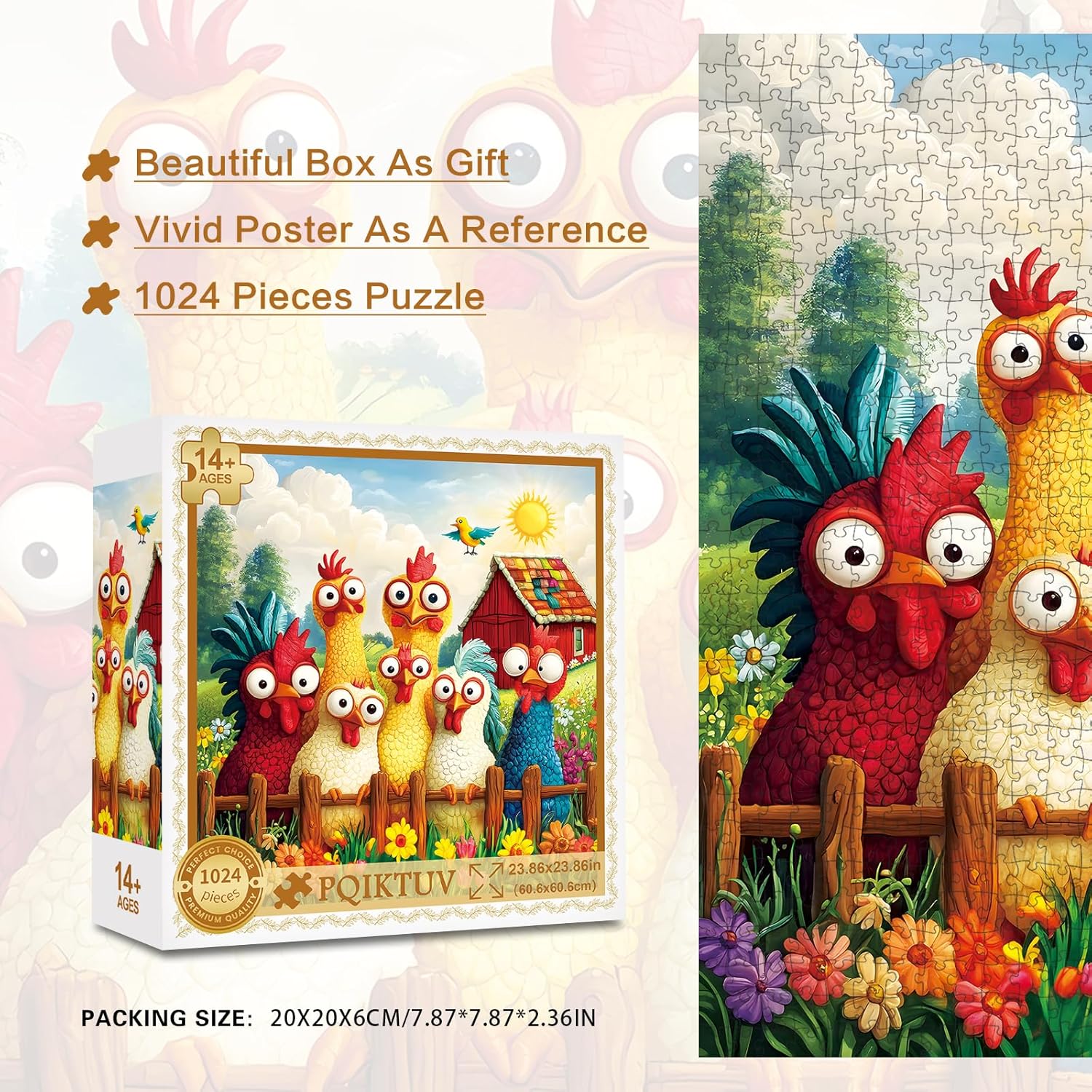 PQIKTUV Puzzles for Adults 1024 Piece Cute Cartoon Farm Chicken Flock Scene Jigsaw, Puzzle with Letter on Back, HD Poster, Storage Bag Home Decor Gift for Family Friends(23.86 x 23.86 in) - Image 5