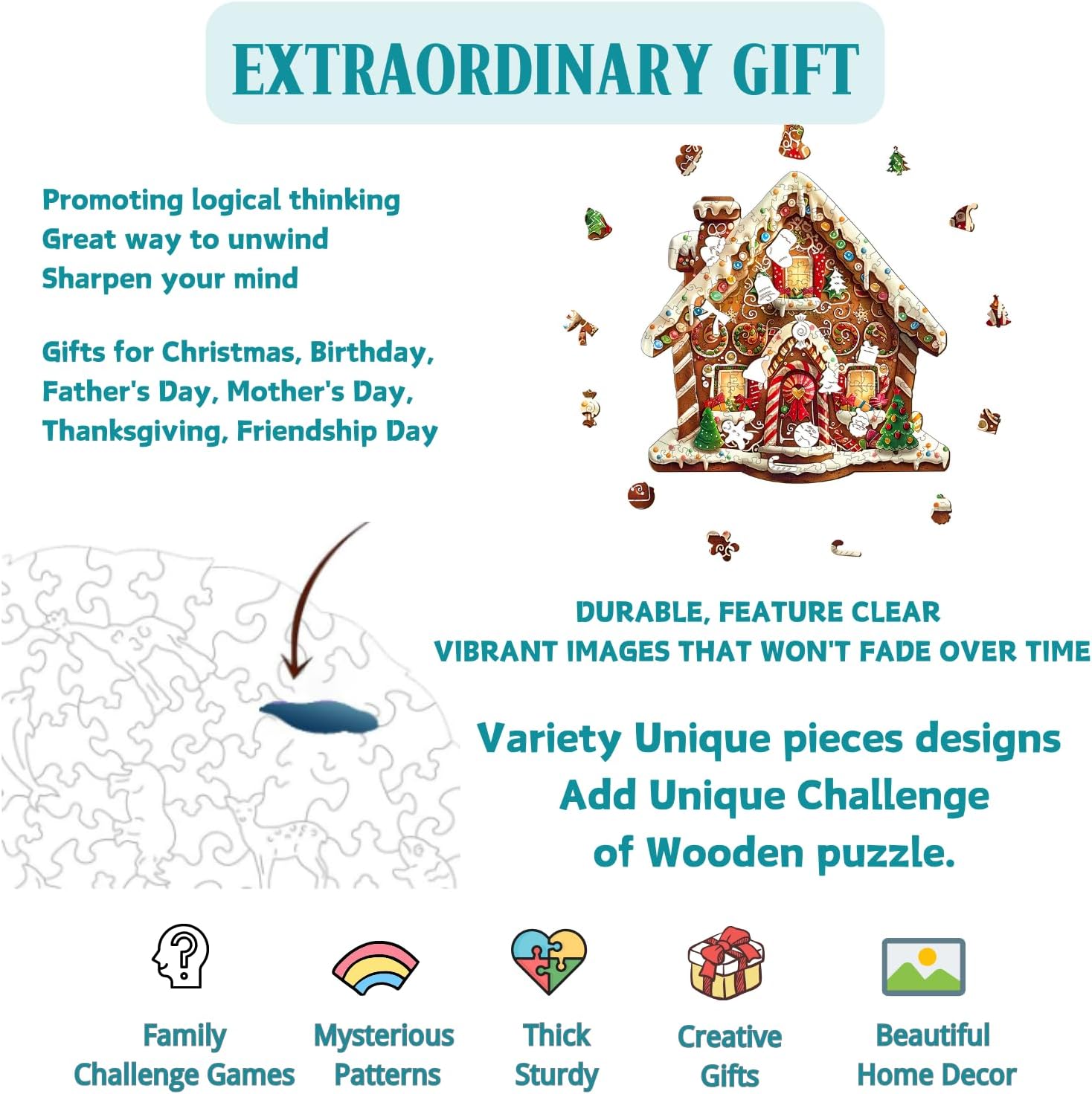 Alternative view of Jollitot Wooden Puzzles Adults, Christmas Gingerbread House Wooden Puzzles 100 Pieces, Unique Animal Shaped Wood Challenging Jigsaw Puzzles Gifts for Adults, 8.4x8.3in