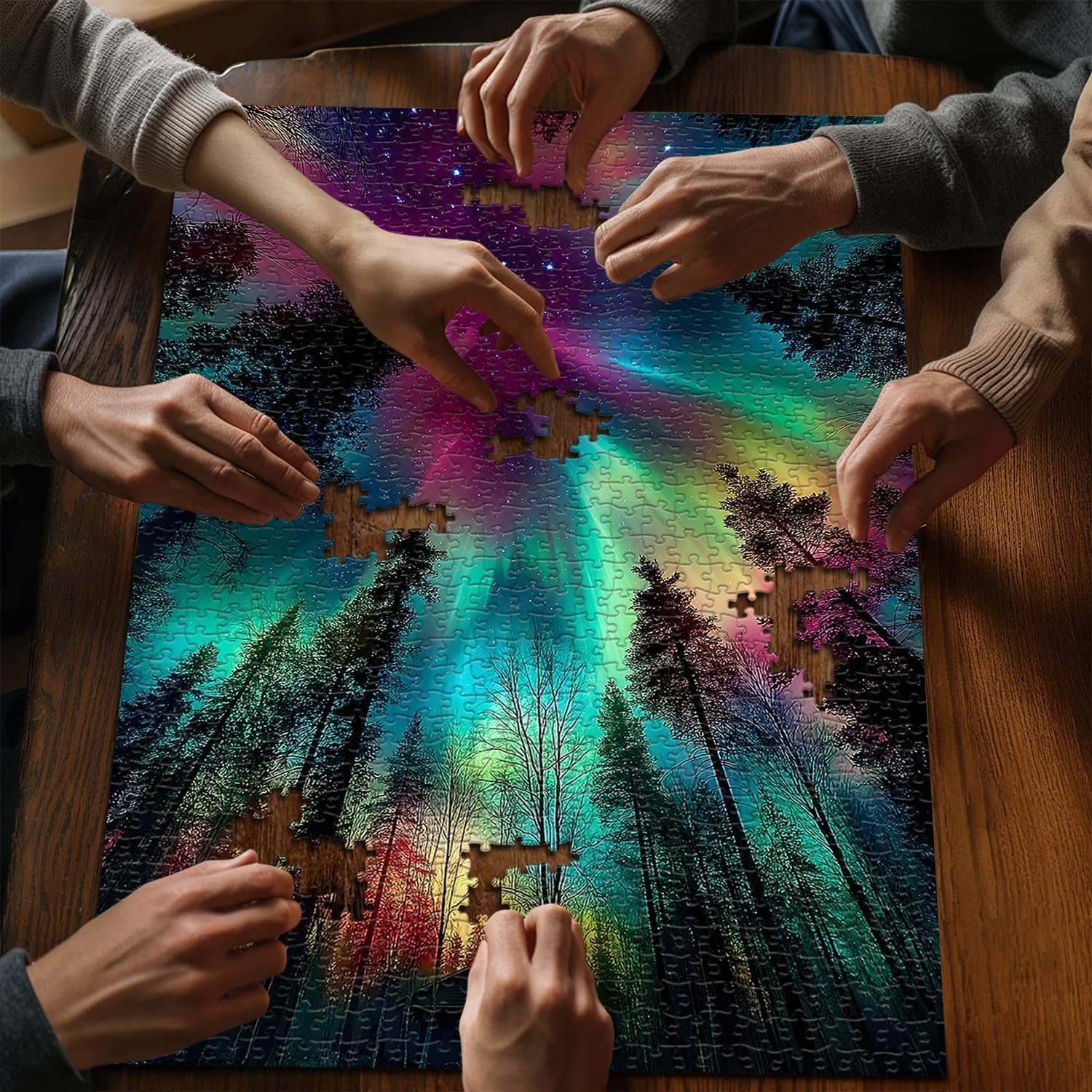 Impossible Puzzles for Adults 1000 Pieces, PICKFORU Forest Aurora Jigsaw Puzzle, Nature Scenery Colorful Puzzles Plant Scenic Challenge - Image 4
