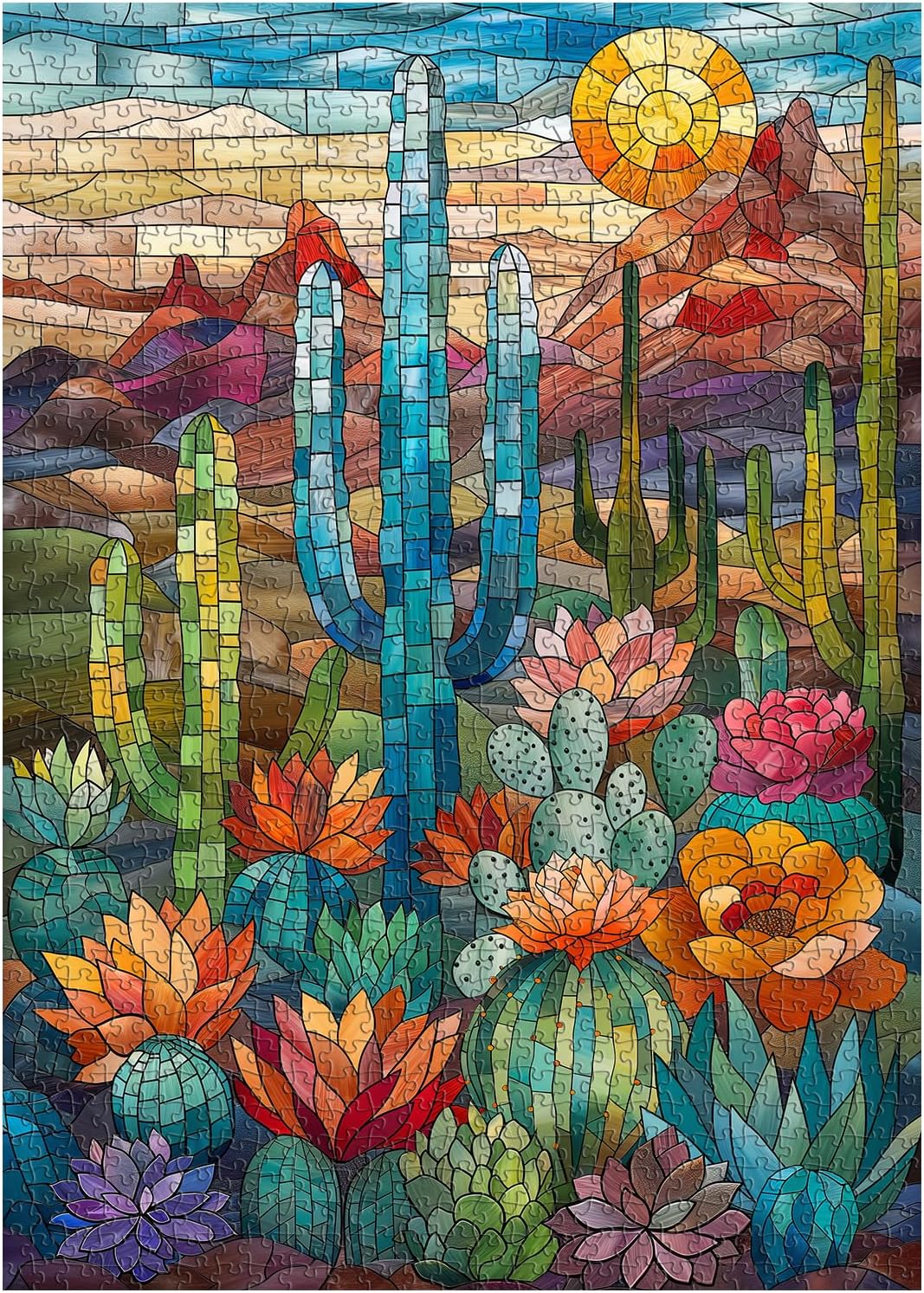 Cactus Puzzles for Adults 1000 Pieces and up, PICKFORU Stained Glass Puzzle Including Mosaic Art Cactus, Colorful Succulent Puzzles for Plant Lovers - Image 3
