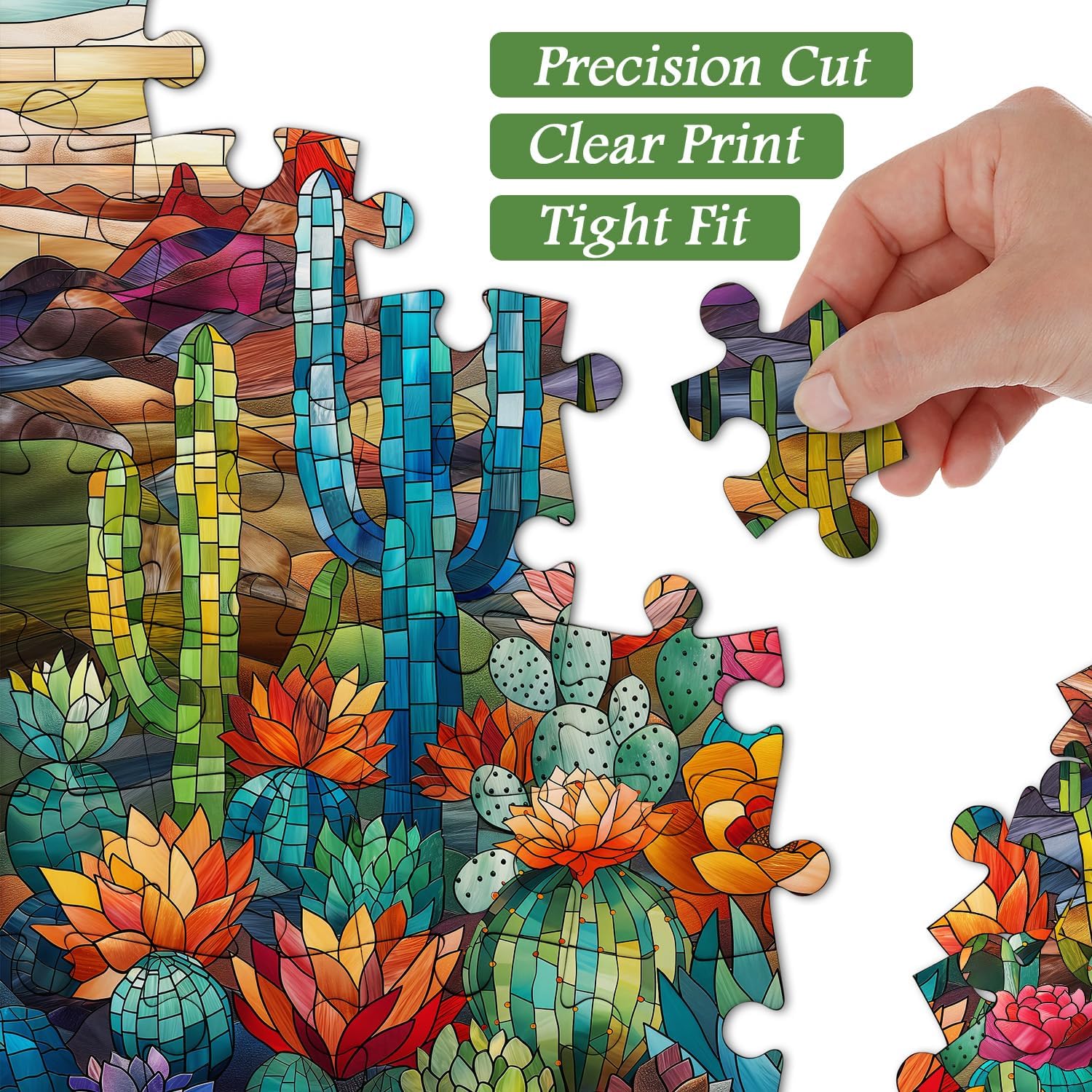 Cactus Puzzles for Adults 1000 Pieces and up, PICKFORU Stained Glass Puzzle Including Mosaic Art Cactus, Colorful Succulent Puzzles for Plant Lovers - Image 4