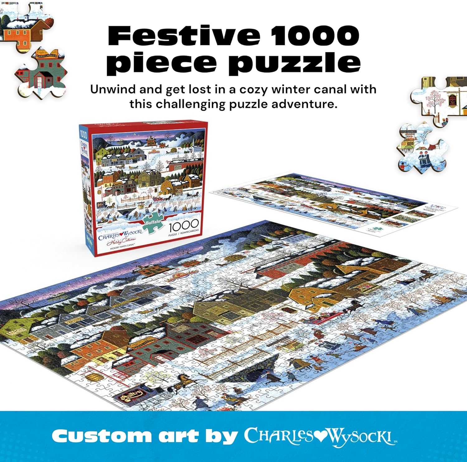 Alternative view of Buffalo Games - Hickory Haven Canal - Charles Wysocki - 1000 Piece Christmas Jigsaw Puzzle for Adults - Festive Winter Holiday Puzzles - Precision Cut Pieces and Bonus Poster