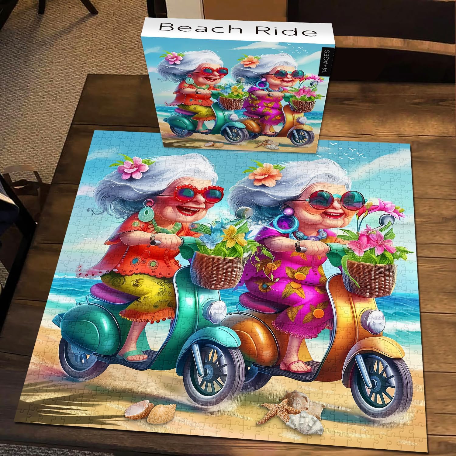 Summer Beach 1000 Piece Puzzle for Adults, PICKFORU Funny Beach Ride Jigsaw Puzzles, Unique Difficult Grandma Motorcycle Theme as Home Decor