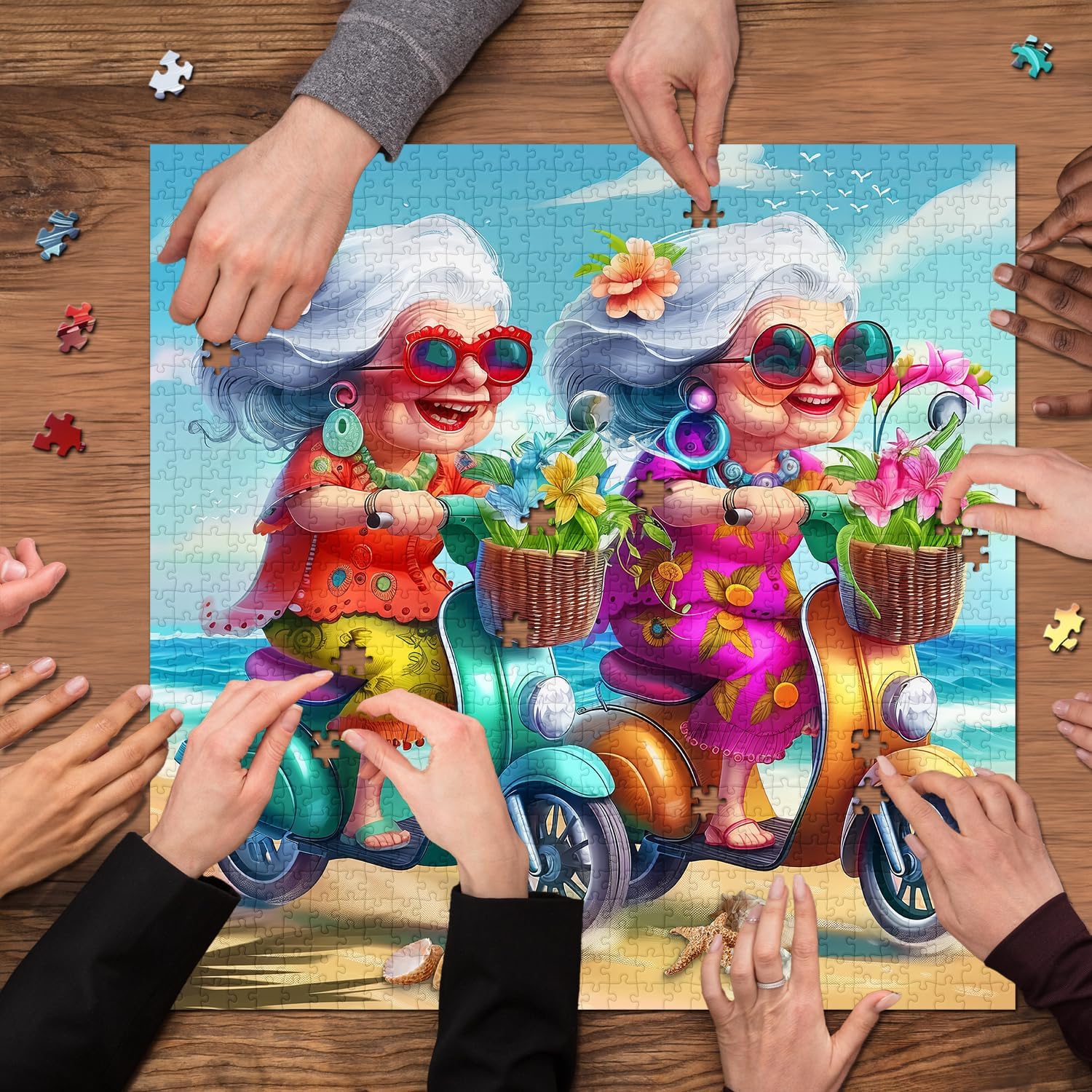 Summer Beach 1000 Piece Puzzle for Adults, PICKFORU Funny Beach Ride Jigsaw Puzzles, Unique Difficult Grandma Motorcycle Theme as Home Decor - Image 6