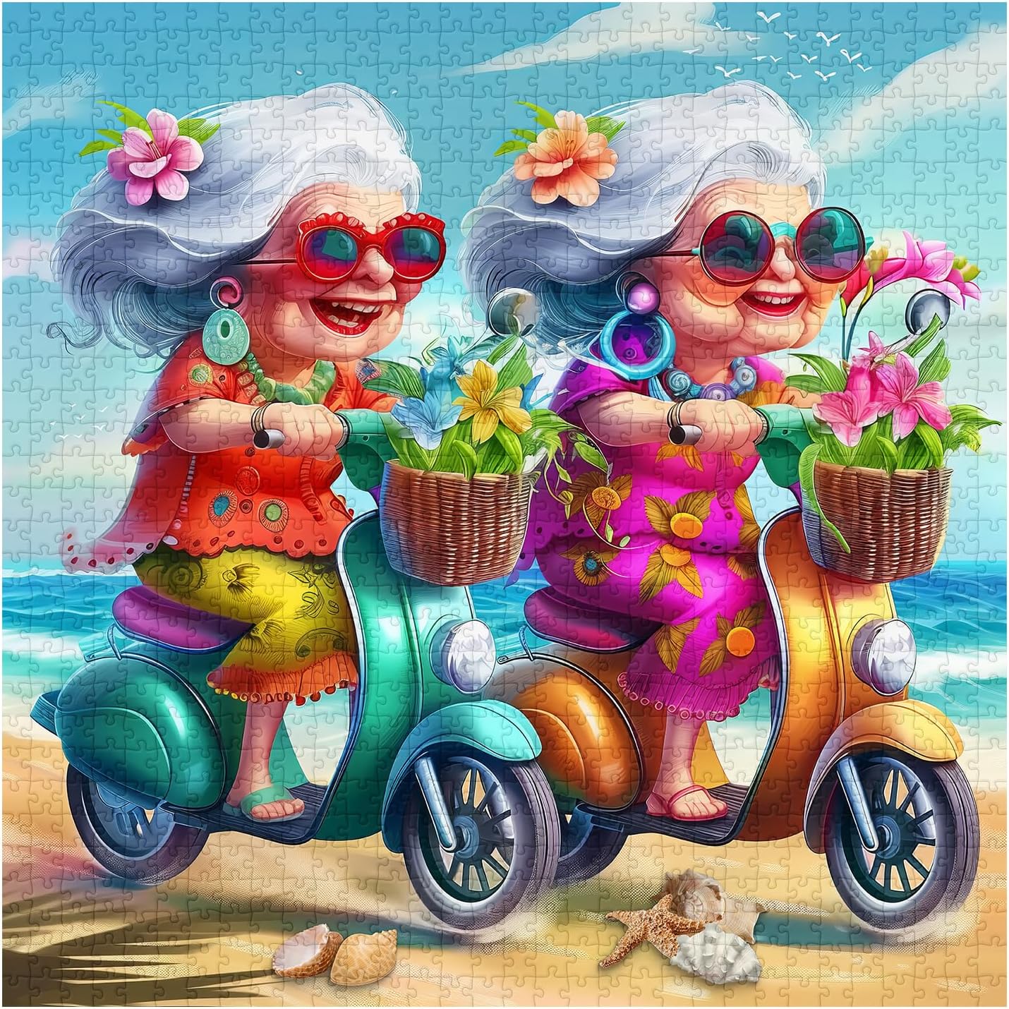Summer Beach 1000 Piece Puzzle for Adults, PICKFORU Funny Beach Ride Jigsaw Puzzles, Unique Difficult Grandma Motorcycle Theme as Home Decor - Image 3