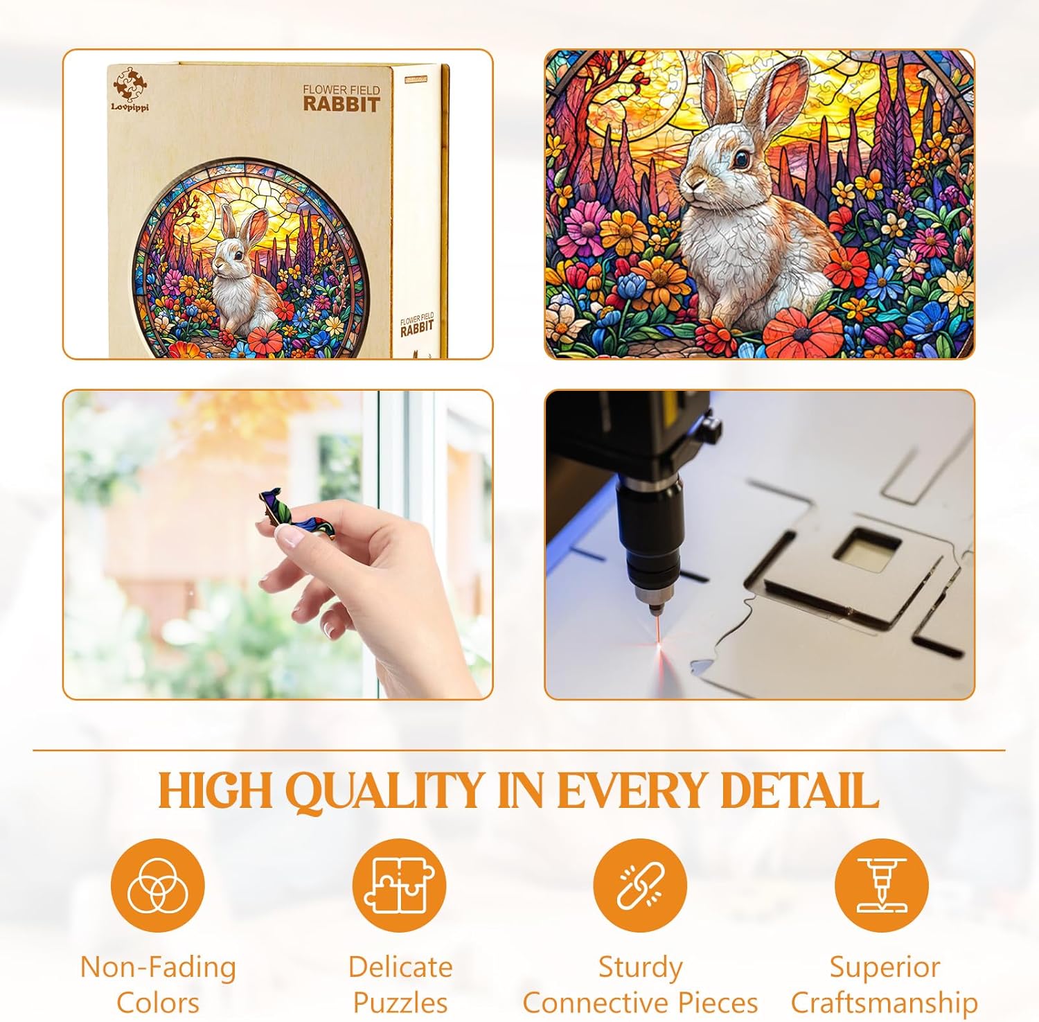 Wooden Puzzles for Adults, Flower Field Rabbit Wood Puzzles Adult, Unique Animal Shaped Wooden Jigsaw Puzzle, Creative Birthday Gifts for Friends/Family/Puzzle Lovers, Home Decor(S-8.5 * 8.5in 100pcs) - Image 4