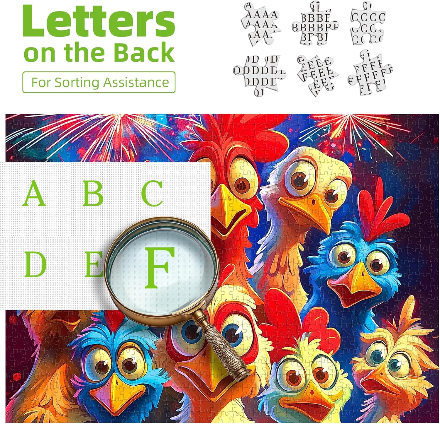 Alternative view of 500 Piece Jigsaw Puzzle for Adults, Colorful Cartoon Chickens with Fireworks Design, Vibrant Family Puzzle Game, Fireworks Night Scene Art for Stress Relief
