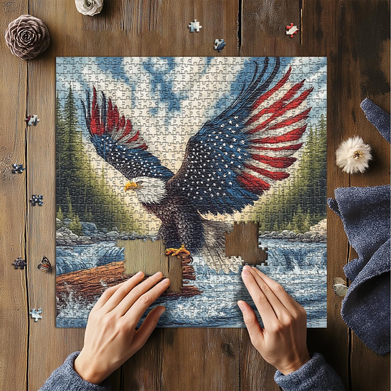 American Flag Eagle Puzzles for Adults 1000 Pieces, United States Patriotic Bald Eagle Puzzles Faith, Vintage Inspirational Country Bird Art Jigsaw Puzzle USA