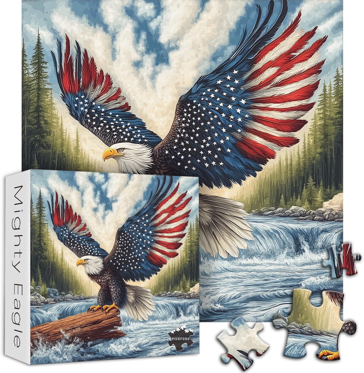 Alternative view of American Flag Eagle Puzzles for Adults 1000 Pieces, United States Patriotic Bald Eagle Puzzles Faith, Vintage Inspirational Country Bird Art Jigsaw Puzzle USA