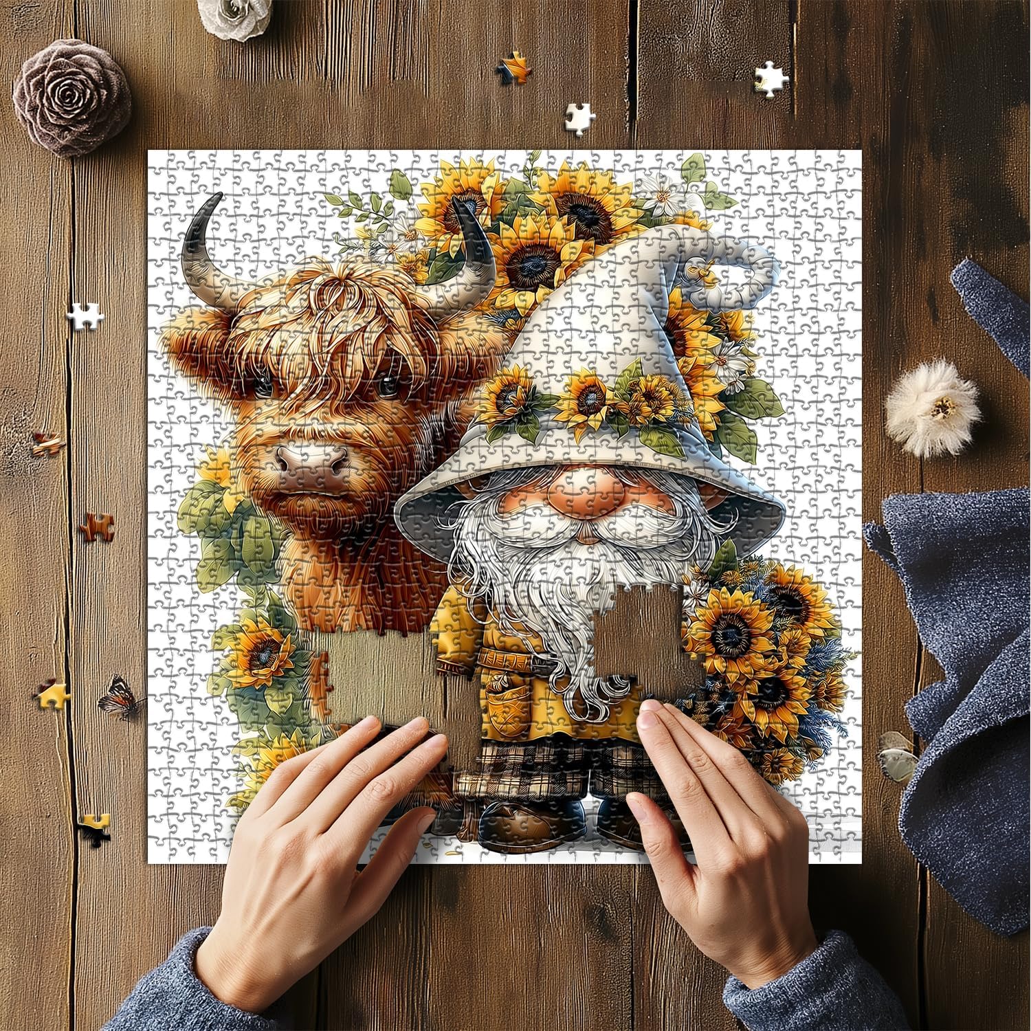 Highland Cow Gnome Puzzles for Adults 1000 Pieces, Nature Sunflower and Cow Puzzles, Animal Plant Floral Themed Jigsaw Puzzles Challenging for Adults