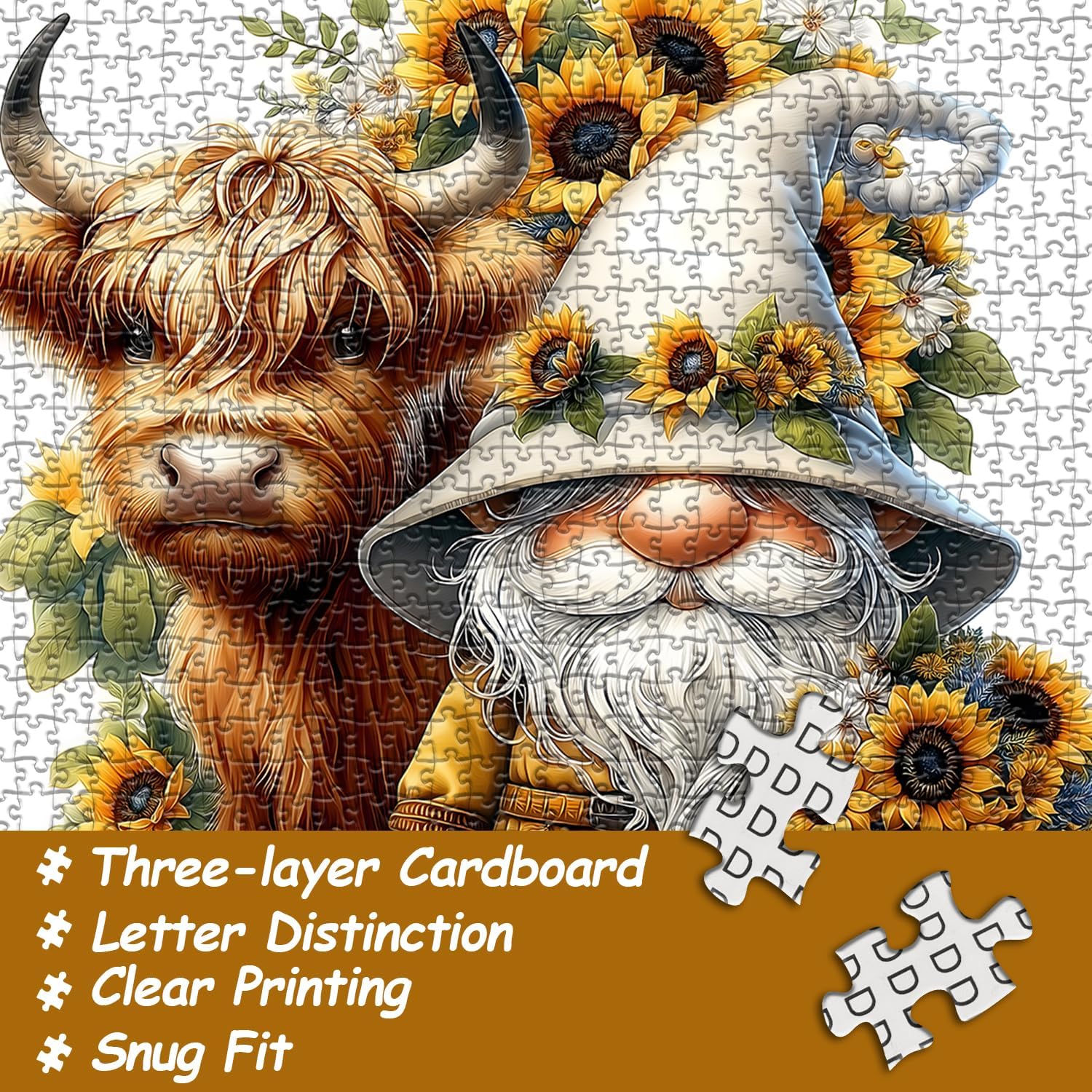 Highland Cow Gnome Puzzles for Adults 1000 Pieces, Nature Sunflower and Cow Puzzles, Animal Plant Floral Themed Jigsaw Puzzles Challenging for Adults - Image 3