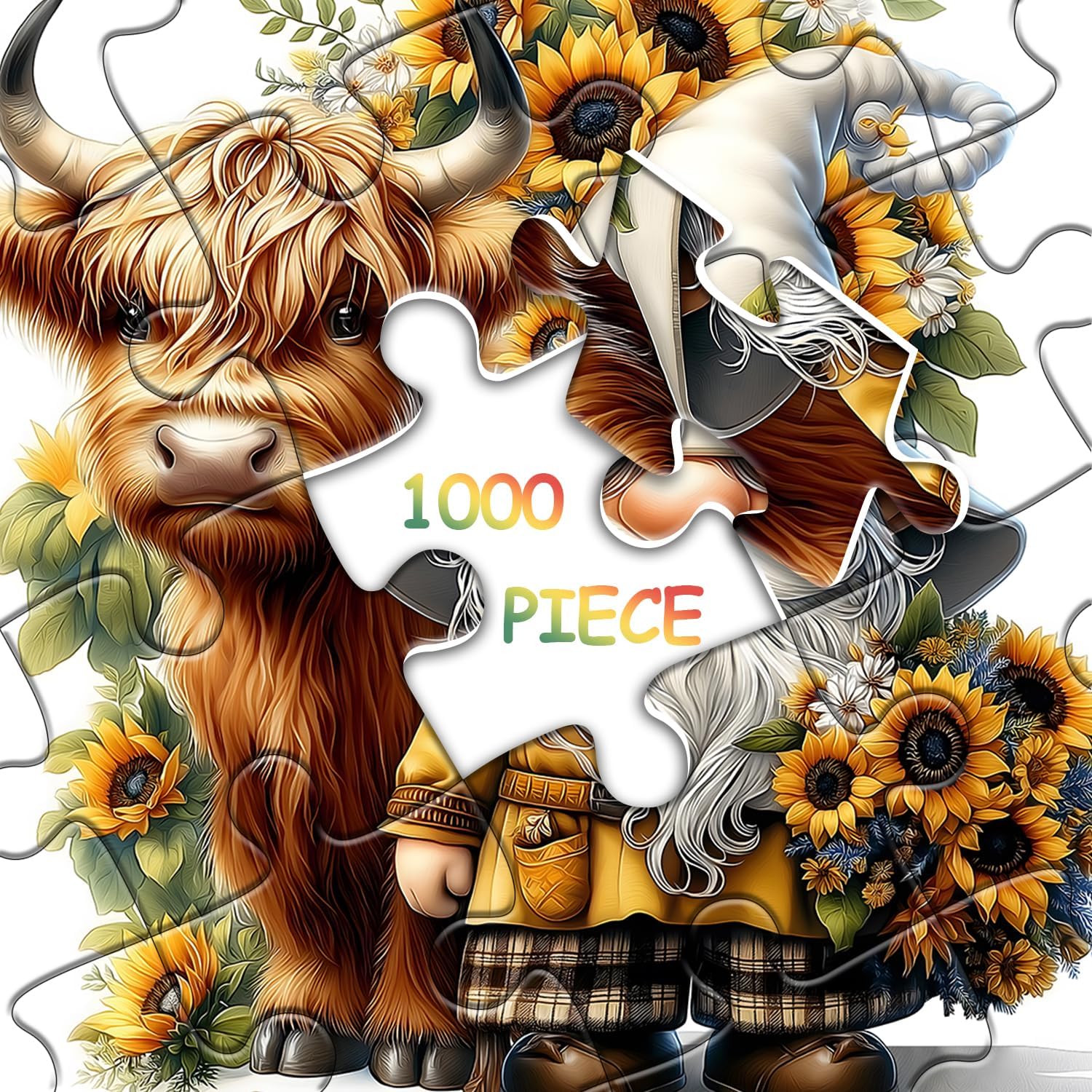 Highland Cow Gnome Puzzles for Adults 1000 Pieces, Nature Sunflower and Cow Puzzles, Animal Plant Floral Themed Jigsaw Puzzles Challenging for Adults - Image 7