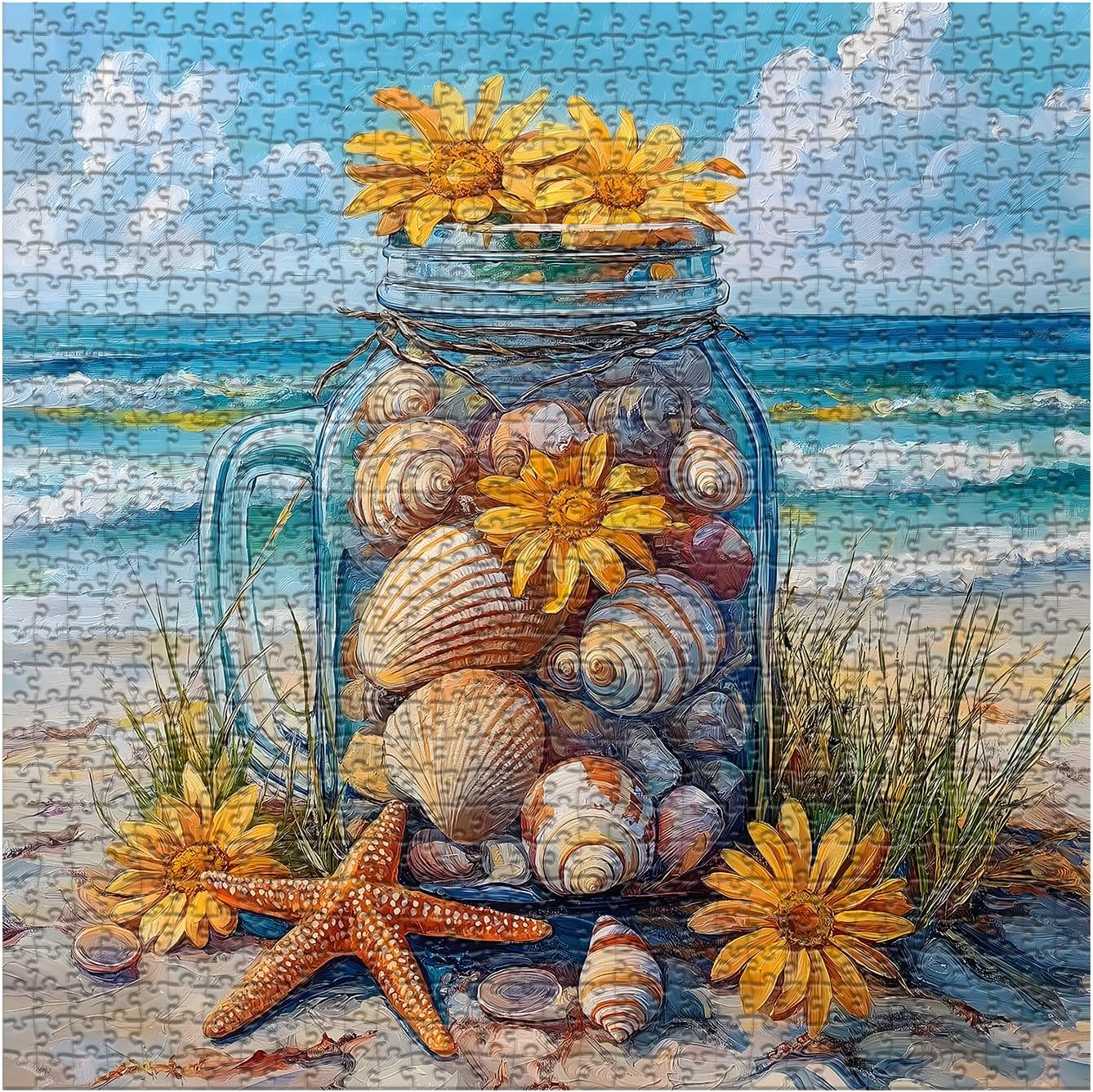 PICKFORU Beach Puzzles for Adults 1000 Pieces, Coastal Seashell Jar Puzzle Sunflowers Starfish，Summer Ocean Jigsaw Puzzles Painting，Nature Challenge for Adults