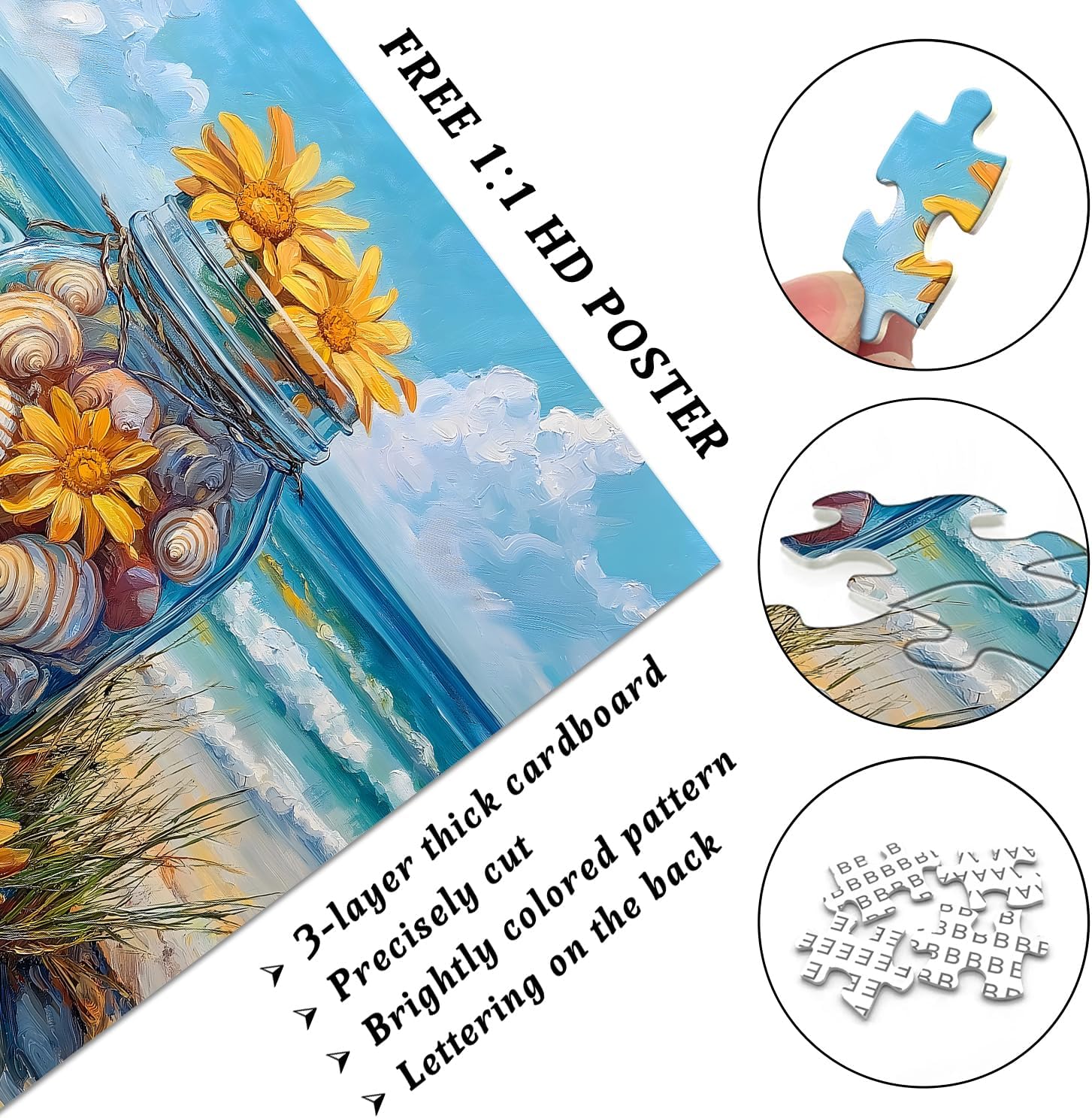 PICKFORU Beach Puzzles for Adults 1000 Pieces, Coastal Seashell Jar Puzzle Sunflowers Starfish,Summer Ocean Jigsaw Puzzles Painting,Nature Challenge for Adults - Image 3
