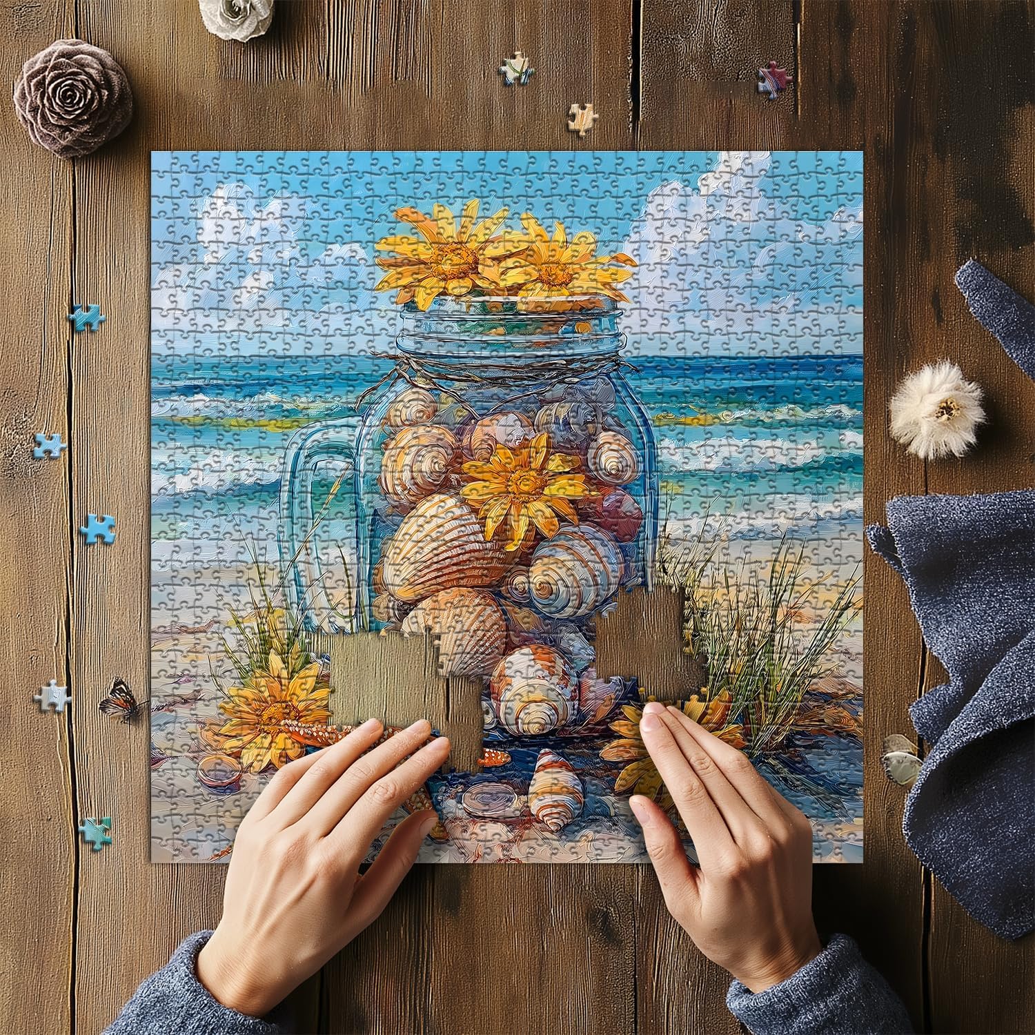 PICKFORU Beach Puzzles for Adults 1000 Pieces, Coastal Seashell Jar Puzzle Sunflowers Starfish,Summer Ocean Jigsaw Puzzles Painting,Nature Challenge for Adults - Image 4
