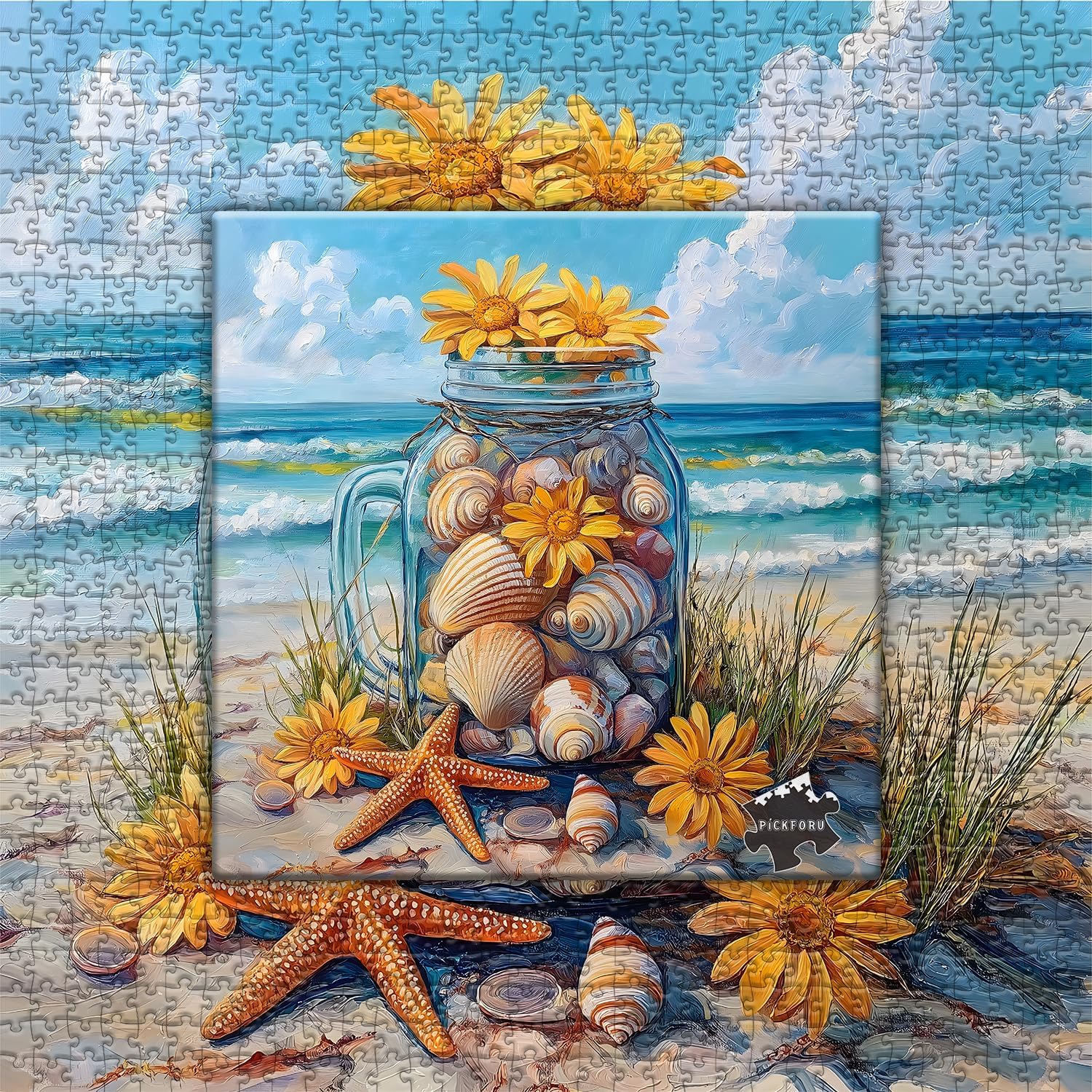 PICKFORU Beach Puzzles for Adults 1000 Pieces, Coastal Seashell Jar Puzzle Sunflowers Starfish,Summer Ocean Jigsaw Puzzles Painting,Nature Challenge for Adults - Image 6