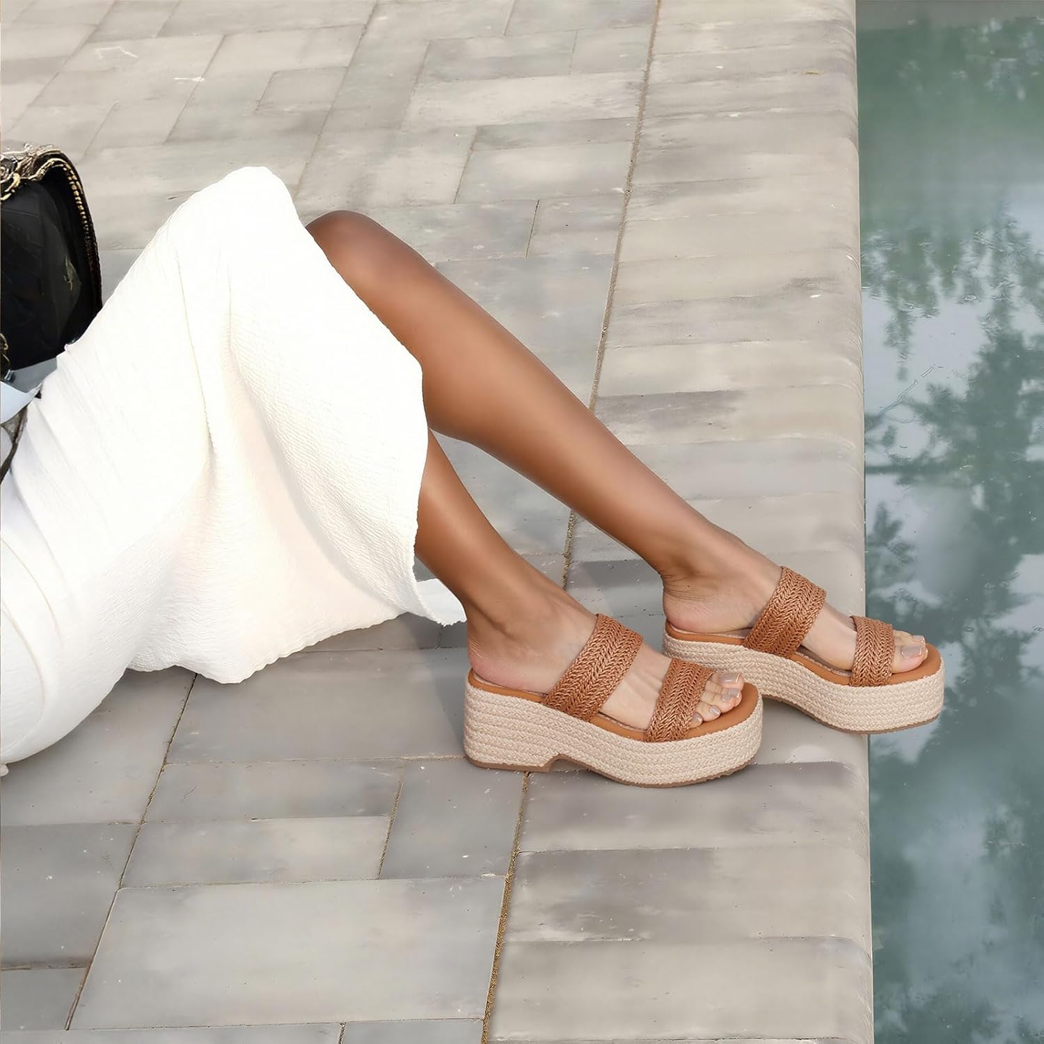 EQAUDES Womens Espadrilles Wedges Sandal Slides Summer Slip on Platform - Wedge, Raffia, Square Toe, Cute, Two Straw Strap, Comfortable Casual Wedding Shoes