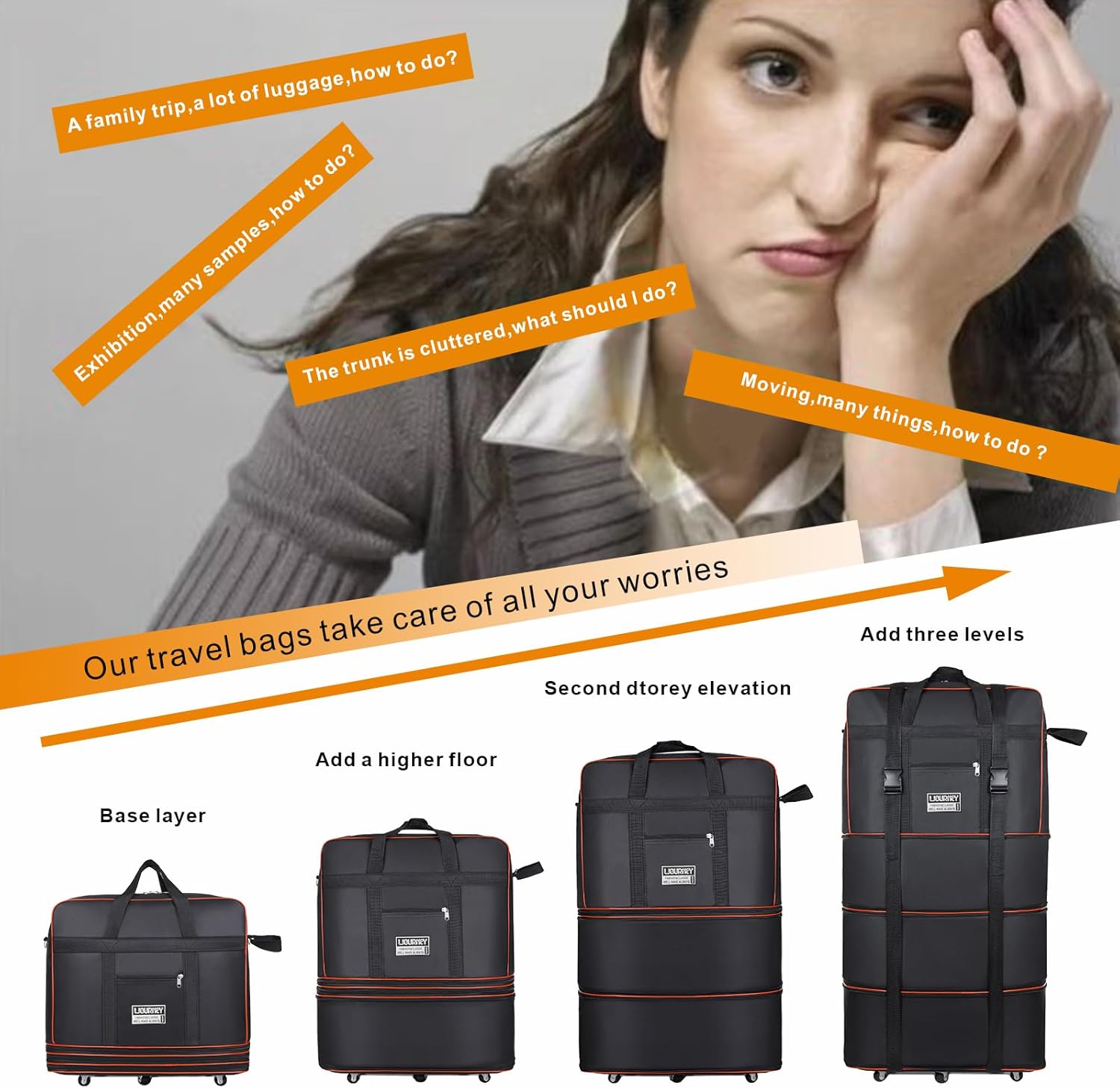 Alternative view of Expandable Large Capacity Travel Bag Oxford Cloth Duffel Bag with Wheels Lightweight Waterproof Travel Foldable Suitcase(Black)