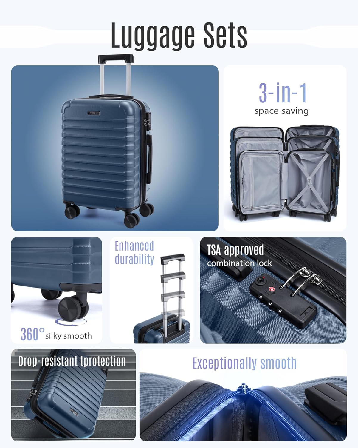 Alternative view of LIGHT FLIGHT Luggage Sets, 3 Piece Durable Suitcase Set with Spinner Wheels, 3 Pcs Hard Shell Lightweight Luggage with TSA Lock, Large Checked Travel Suitcases, 20/24/28 Inch, Royal Blue