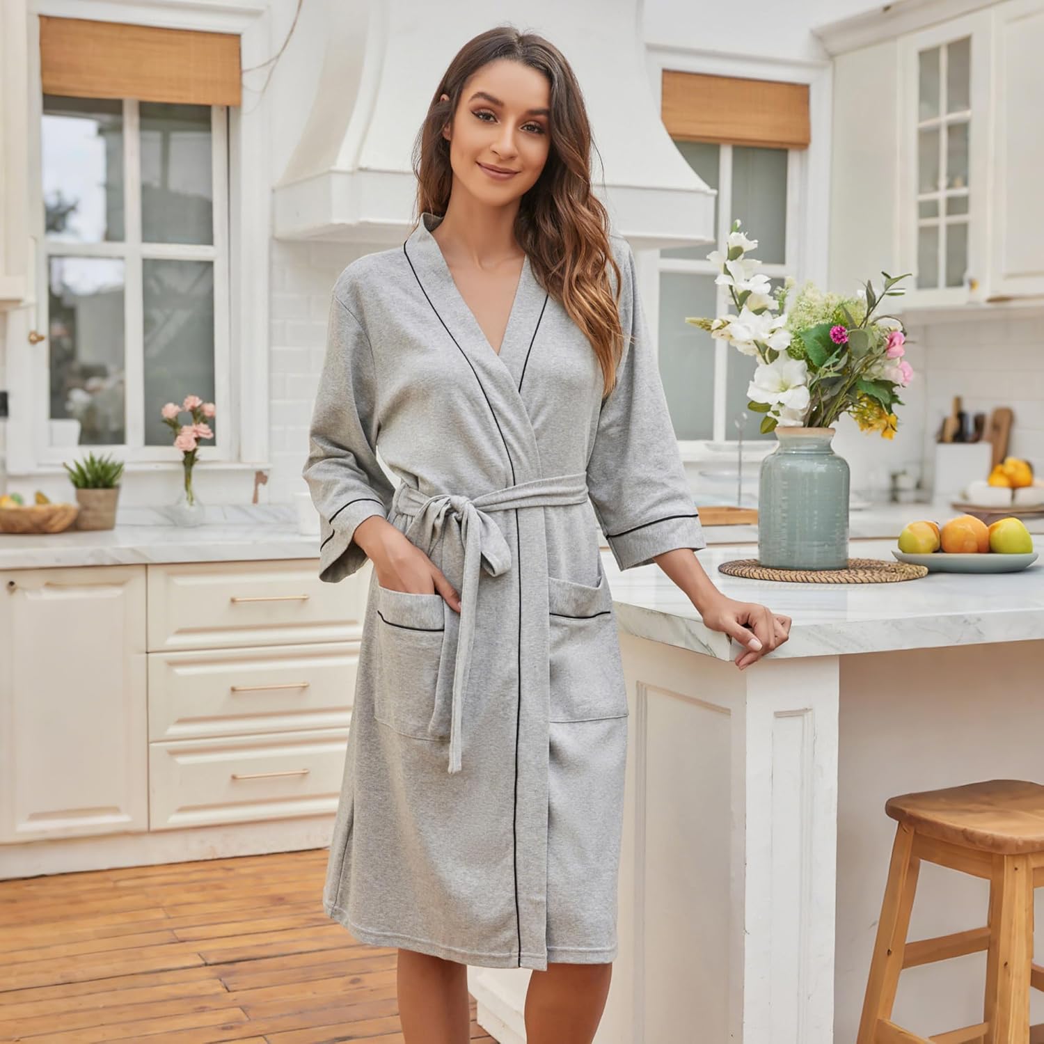 HEARTNICE Womens Cotton Robe, Soft Kimono Spa Knit Long Bathrobe Lightweight Loungewear