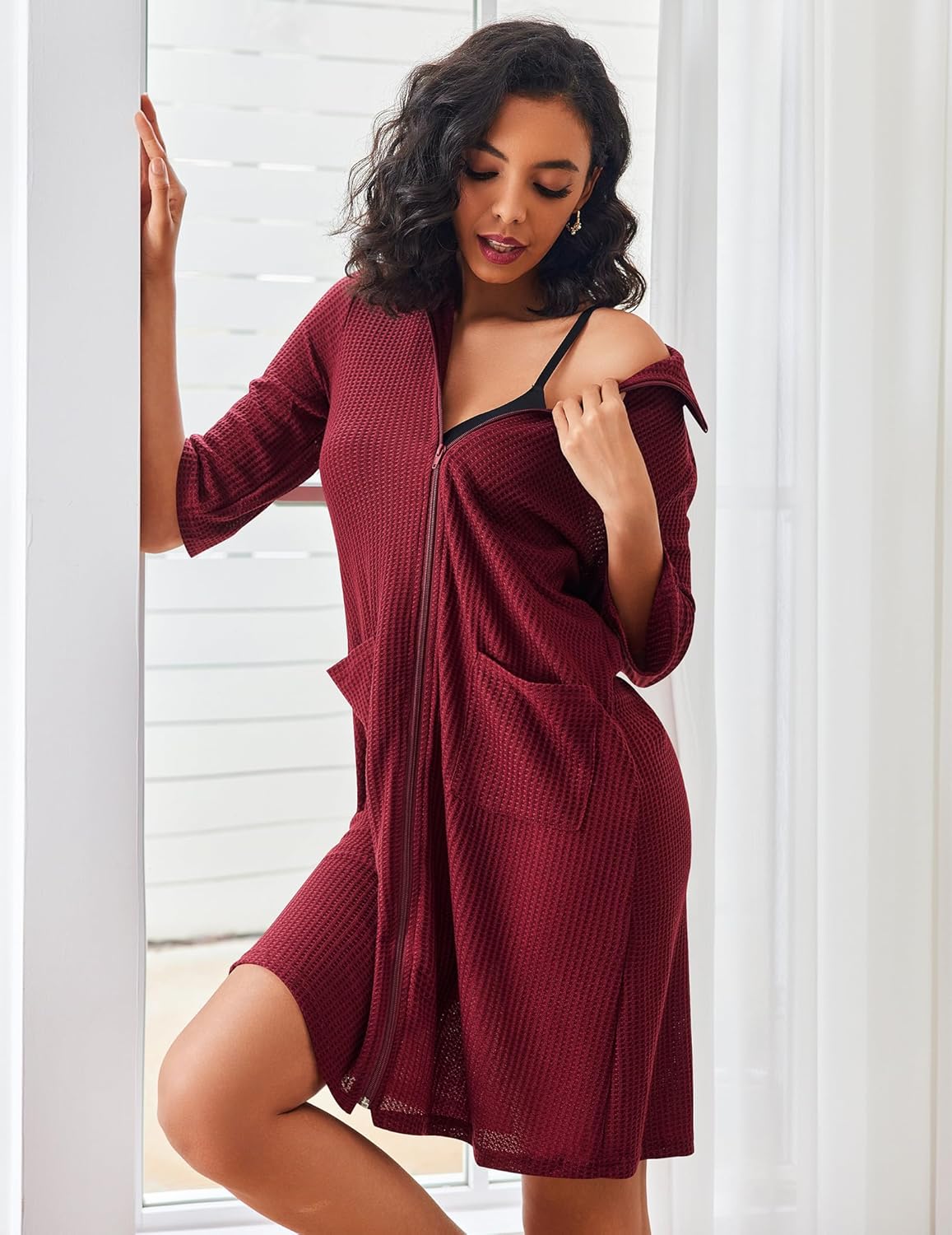 Ekouaer Zipper Robes for Women Waffle Knit Bathrobes Short Lightweight Knee Length Loungewear with Pockets S-XXL