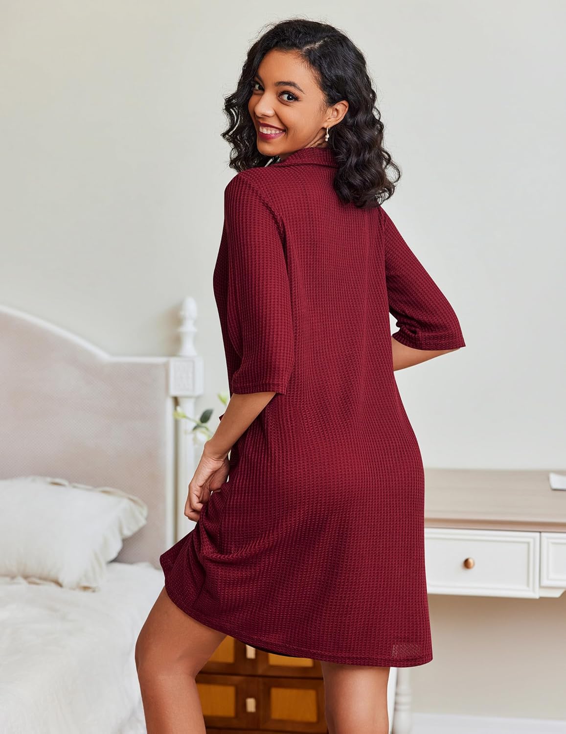 Alternative view of Ekouaer Zipper Robes for Women Waffle Knit Bathrobes Short Lightweight Knee Length Loungewear with Pockets S-XXL