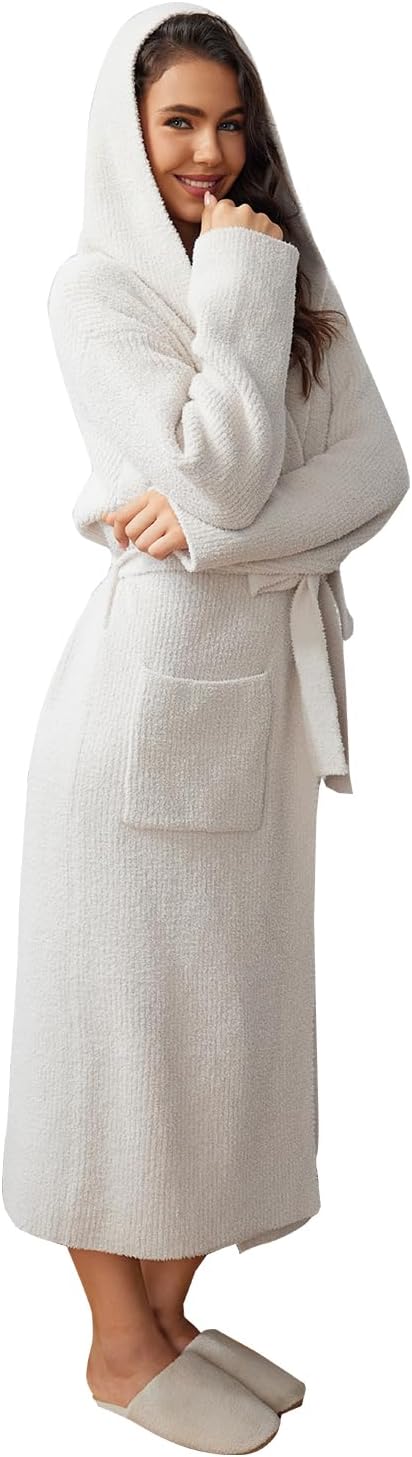 MH MYLUNE HOME Ultra Soft Robe With Pockets, Spa Bathrobe Loungewear Calf-Length, Plush Fuzzy Fluffy Wrap Robe for Women
