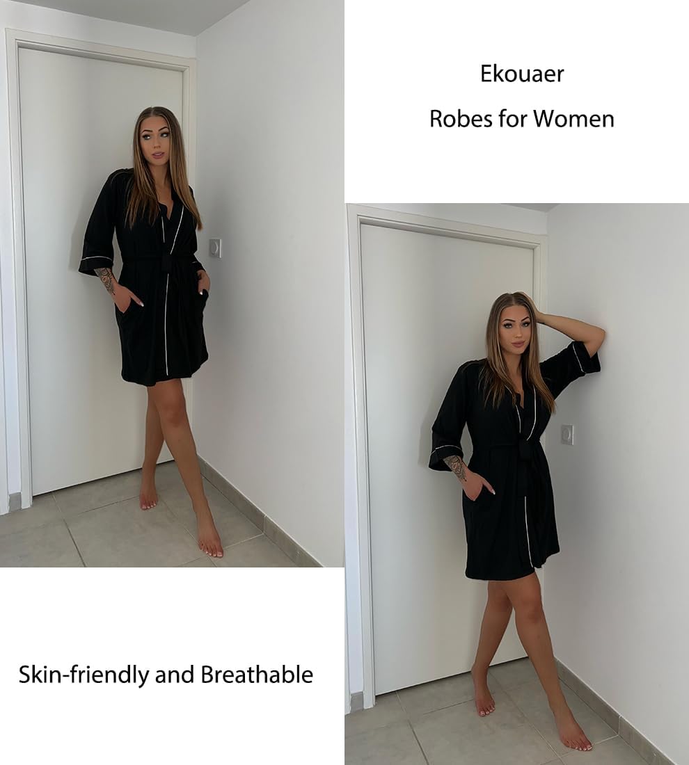 Ekouaer Women Kimono Robes Knee Length Knit Bathrobe Lightweight Soft Sleepwear V-neck Casual Ladies Loungewear