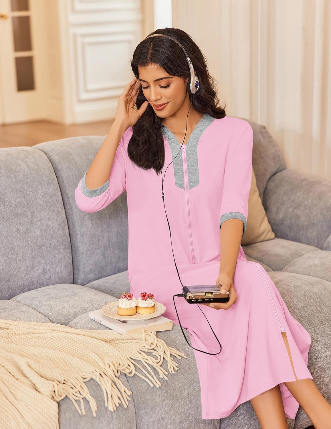 Alternative view of Ekouaer Women's Zipper Robe 3/4 Sleeves Housecoat Full Length Nightgown Soft Loungewear Robe with Pockets S-3XL