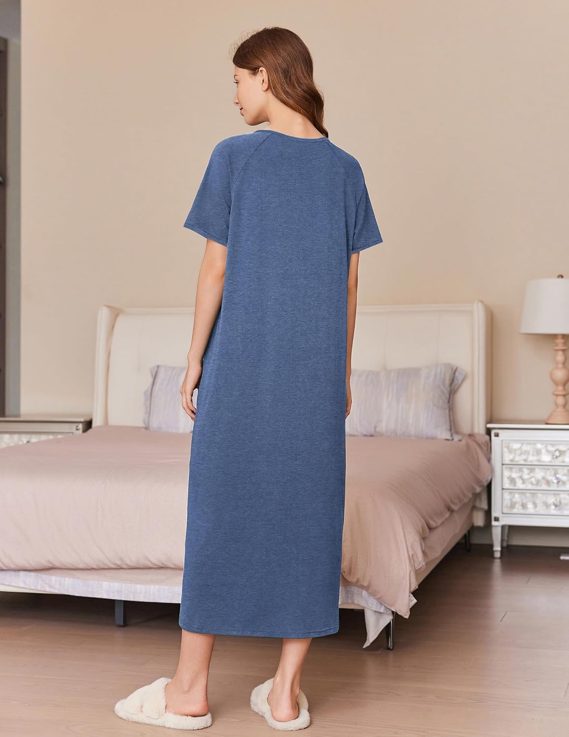 Ekouaer Women Long House Coat Zipper Front Robes Full Length Nightgowns with Pockets Striped Loungewear S-4XL