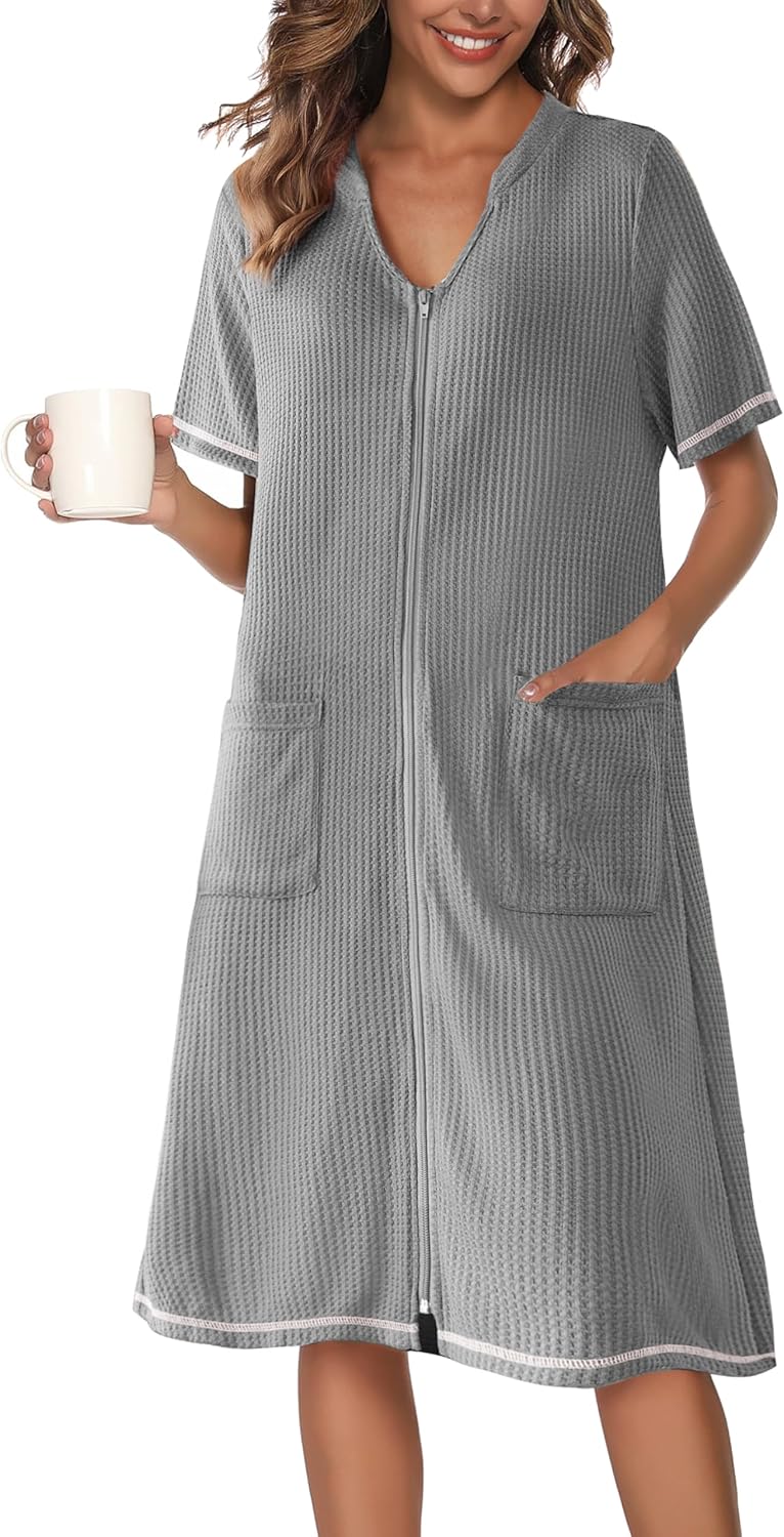 Ekouaer Zipper Robes for Women Waffle Knit Bathrobes Short Lightweight Knee Length Loungewear with Pockets S-XXL - Image 6