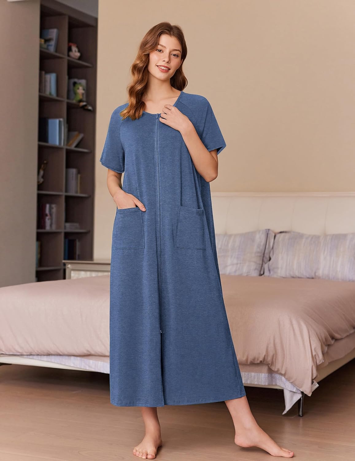 Alternative view of Ekouaer Women Long House Coat Zipper Front Robes Full Length Nightgowns with Pockets Striped Loungewear S-4XL